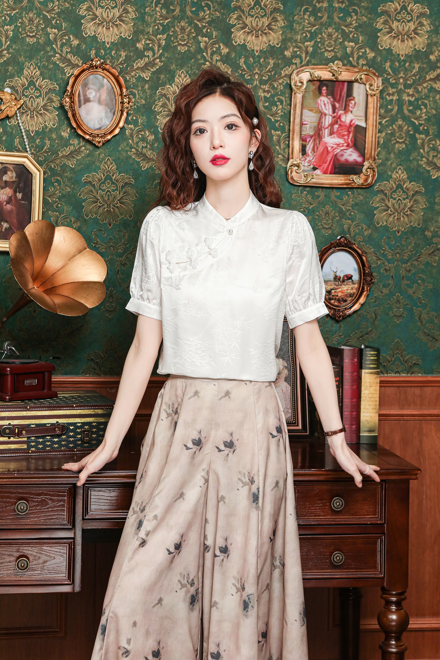 Women's Silk Satin Tops Button Jacquard Blouse