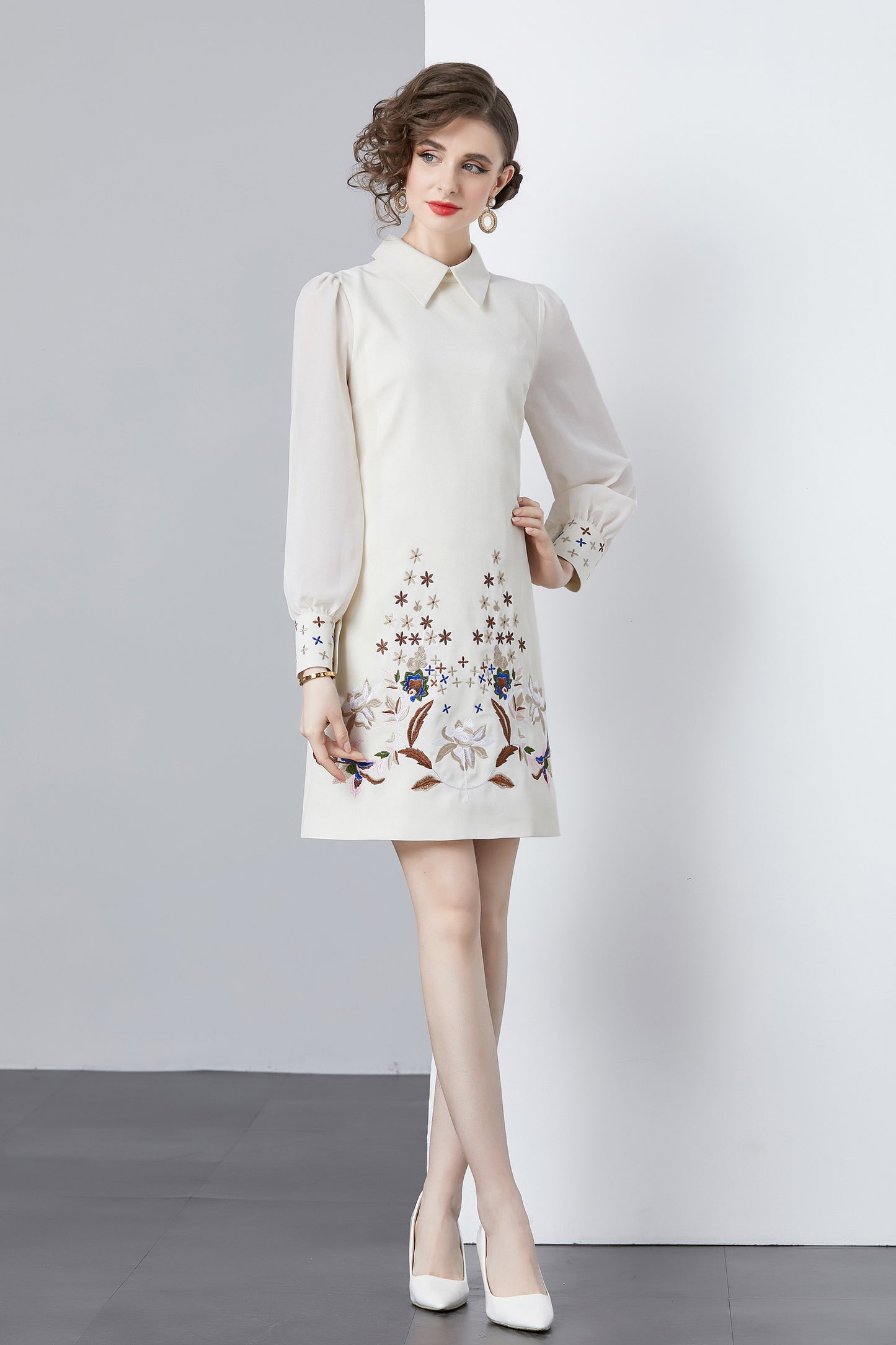 Vintage Women's Elegant Embroidered Hight Neck Mini Dress - LAI MENG FIVE CATS