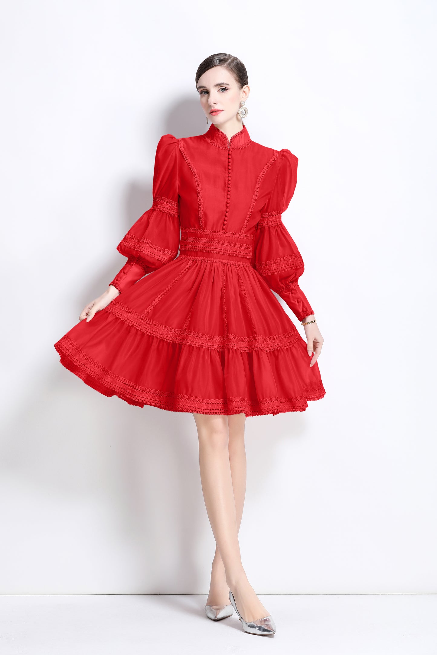 Women's Puff Sleeves Hollow Mesh Pleat Mini Dress