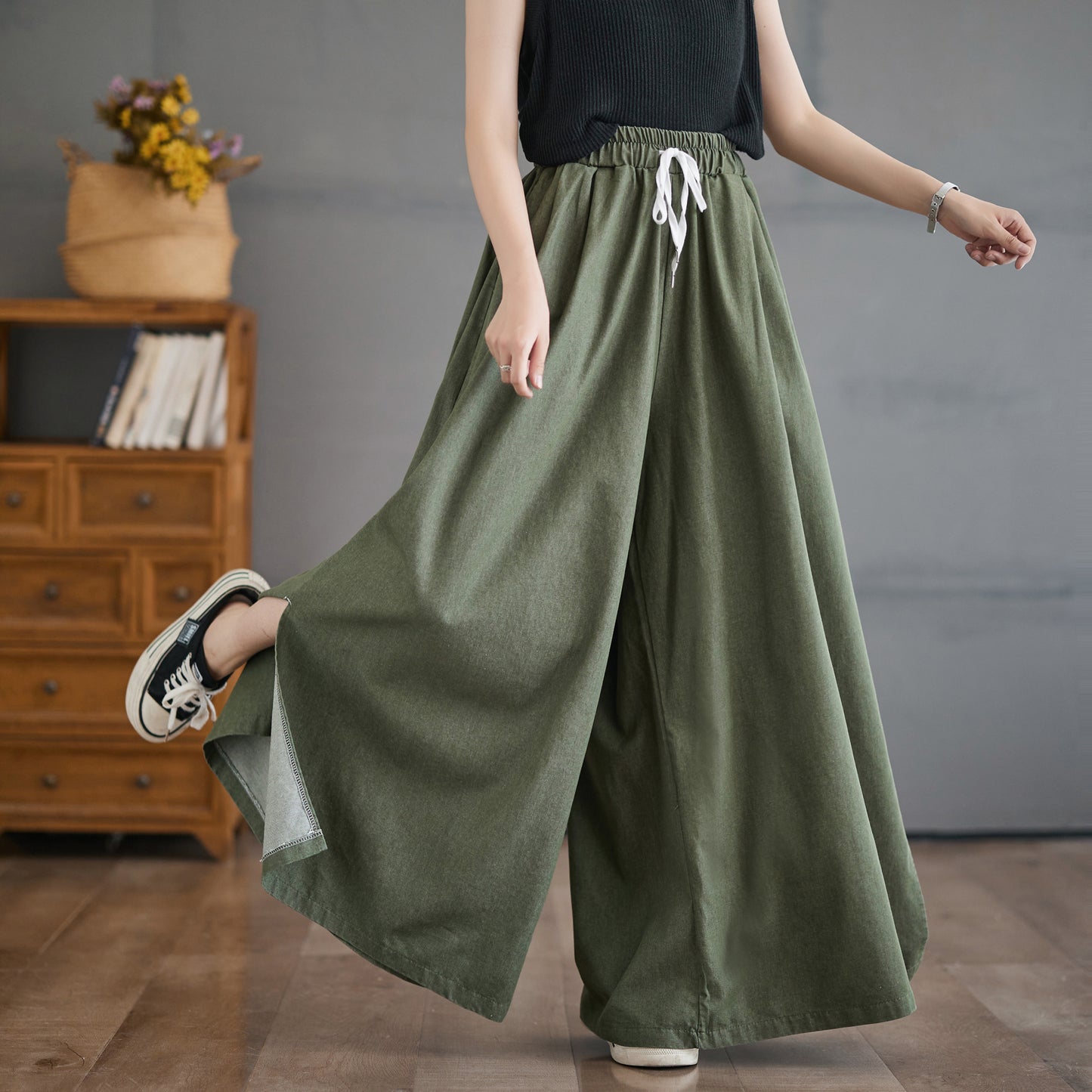 Women's Waisted Drawstring Side Slit Wide Leg Pants