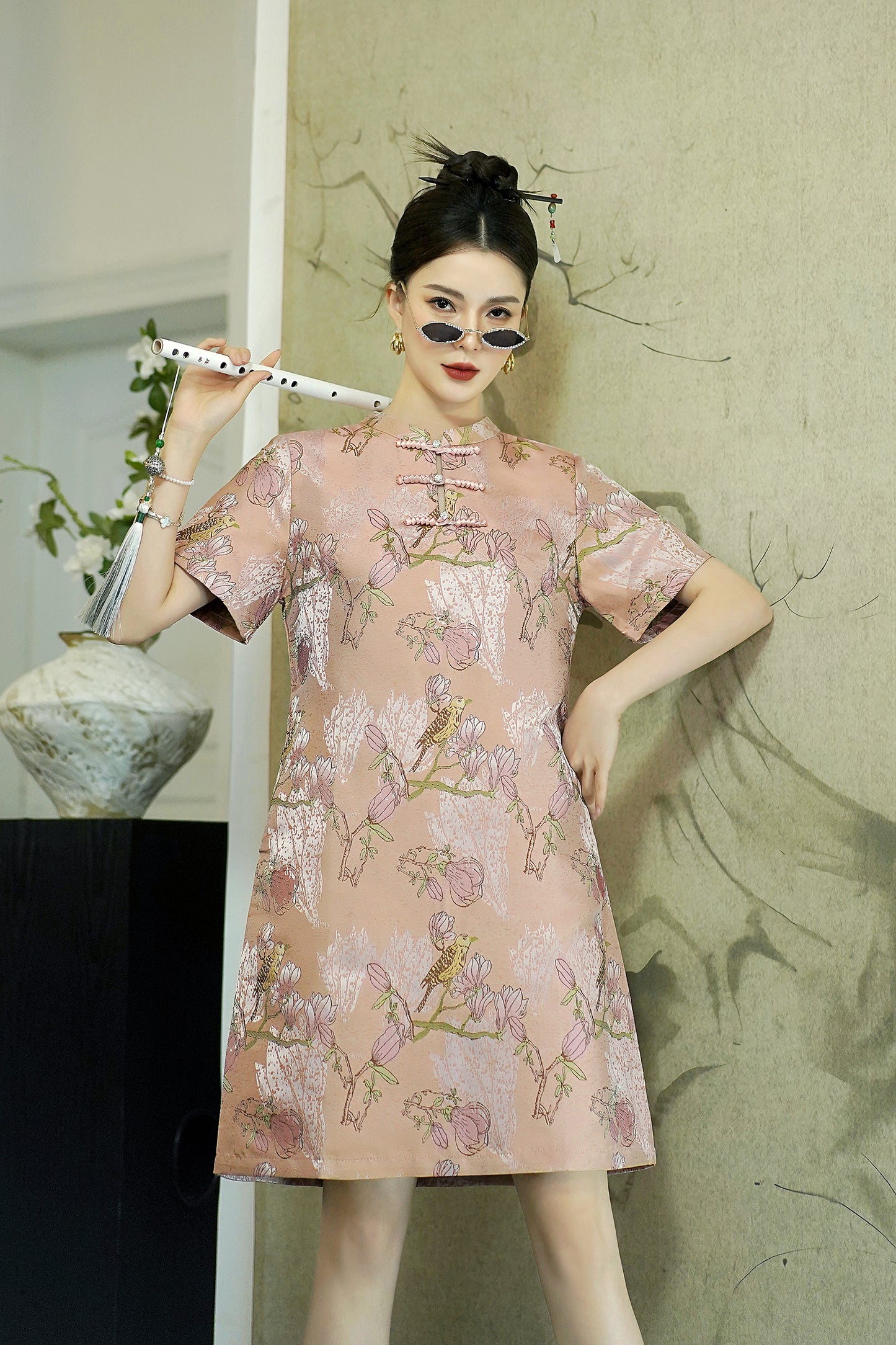 Women's Chinese Cheongsam Print Side Slit Mini Dress