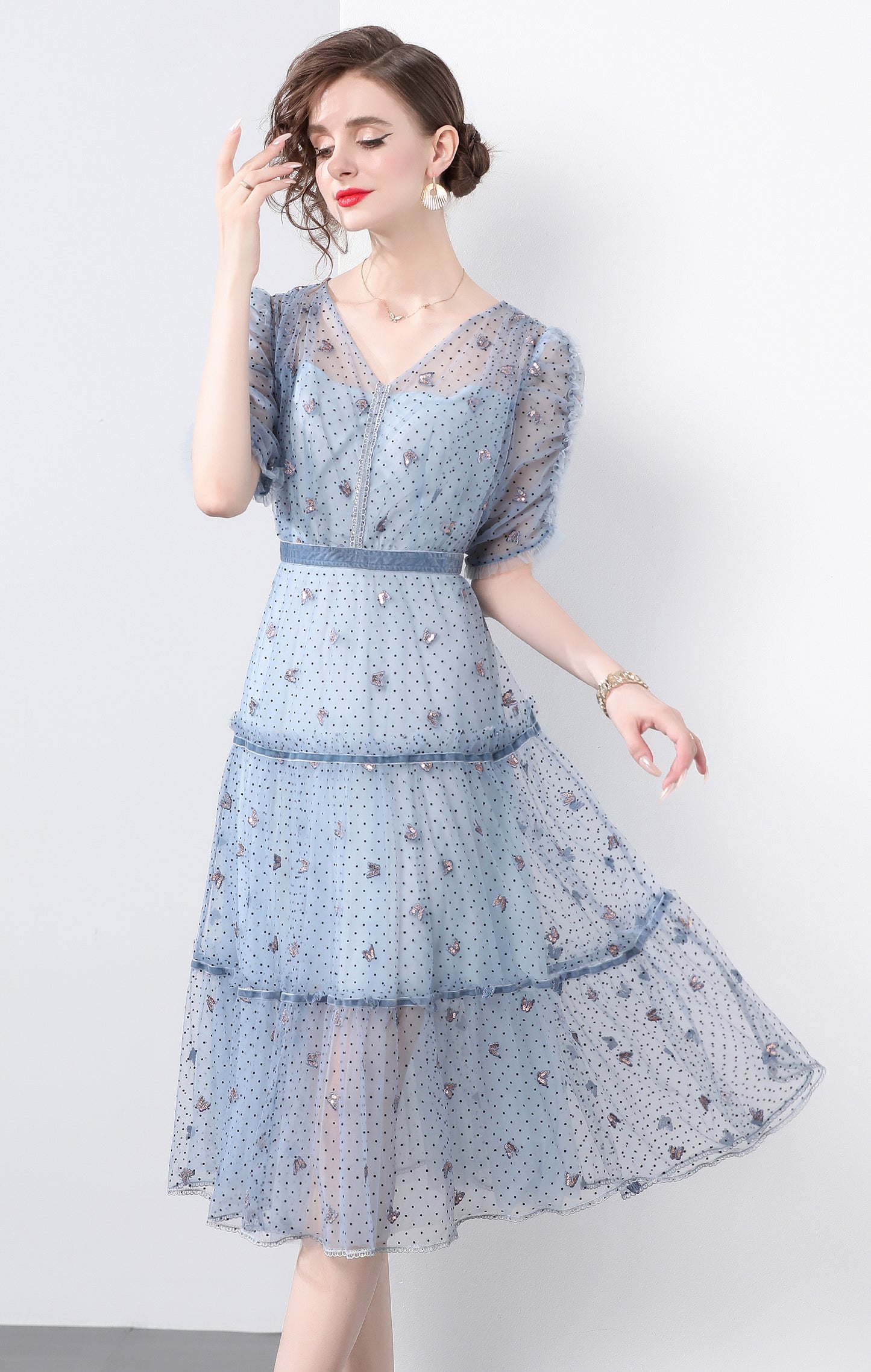 Butterfly Embroidered Mesh Midi Dress – Blue - LAI MENG FIVE CATS