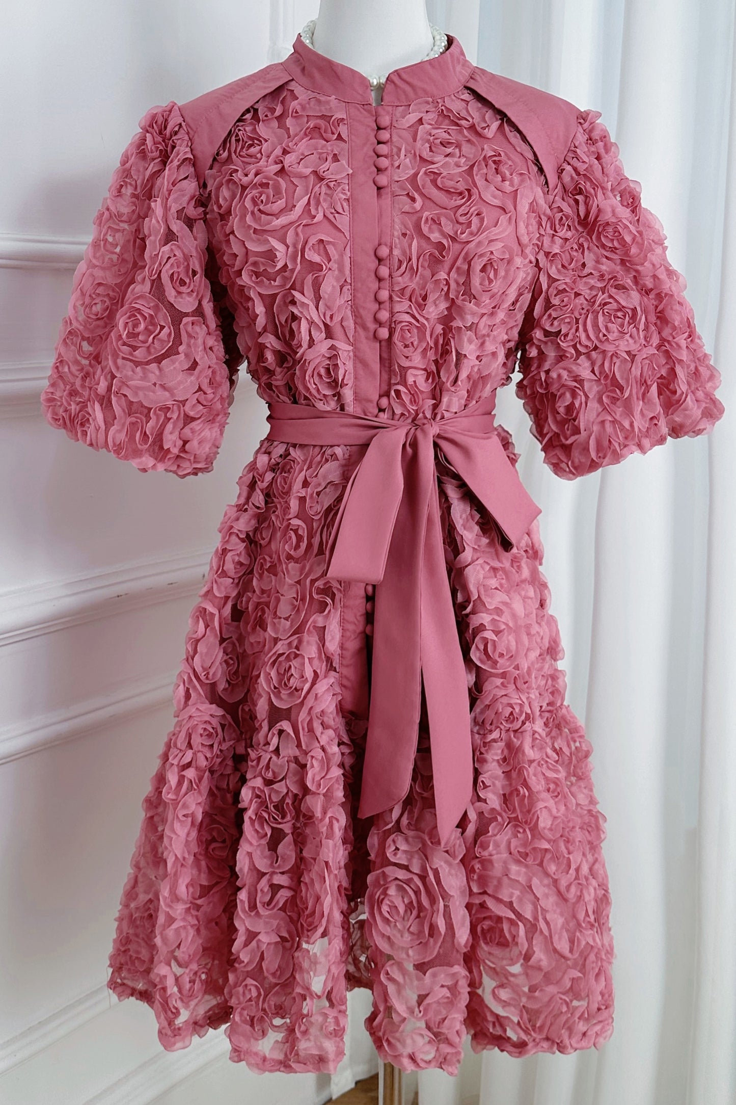 Women 3D Floral Puff Sleeve Ruffle Mini Dress