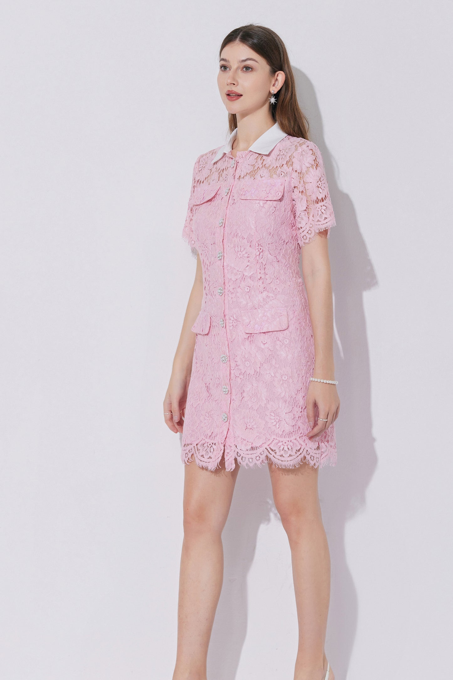 Women's Lace Floral Contrast Collar Mini Dress