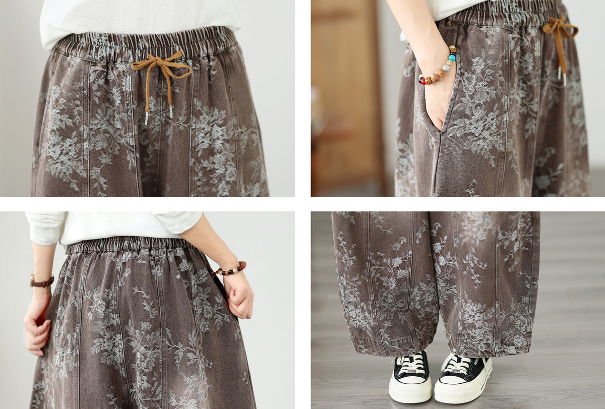 Vintage Floral Denim Harem Pants - Women's Boho Wide Leg Lantern Trousers