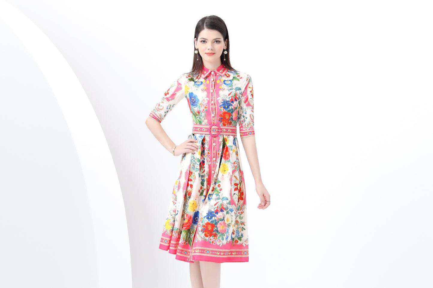 Women's Print Button Collar Short Sleeve Midi Dress