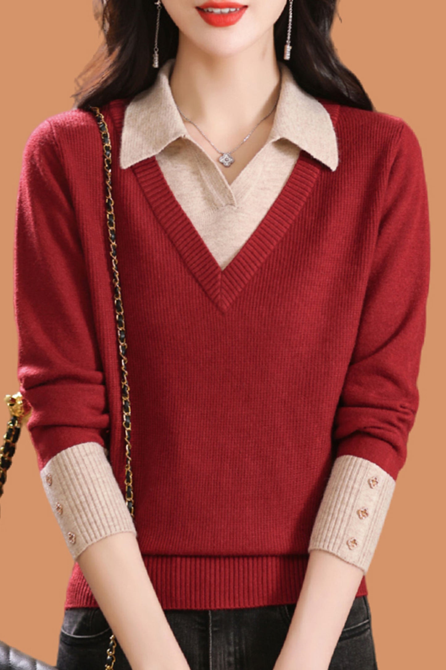 Women's Polo Contrast Collar Sweater Pullover Top