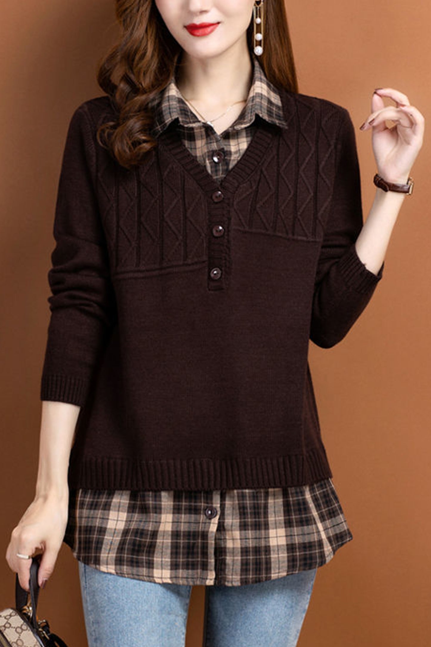 Women's V Neck Plaid Layered Look Knit Pullover Tops