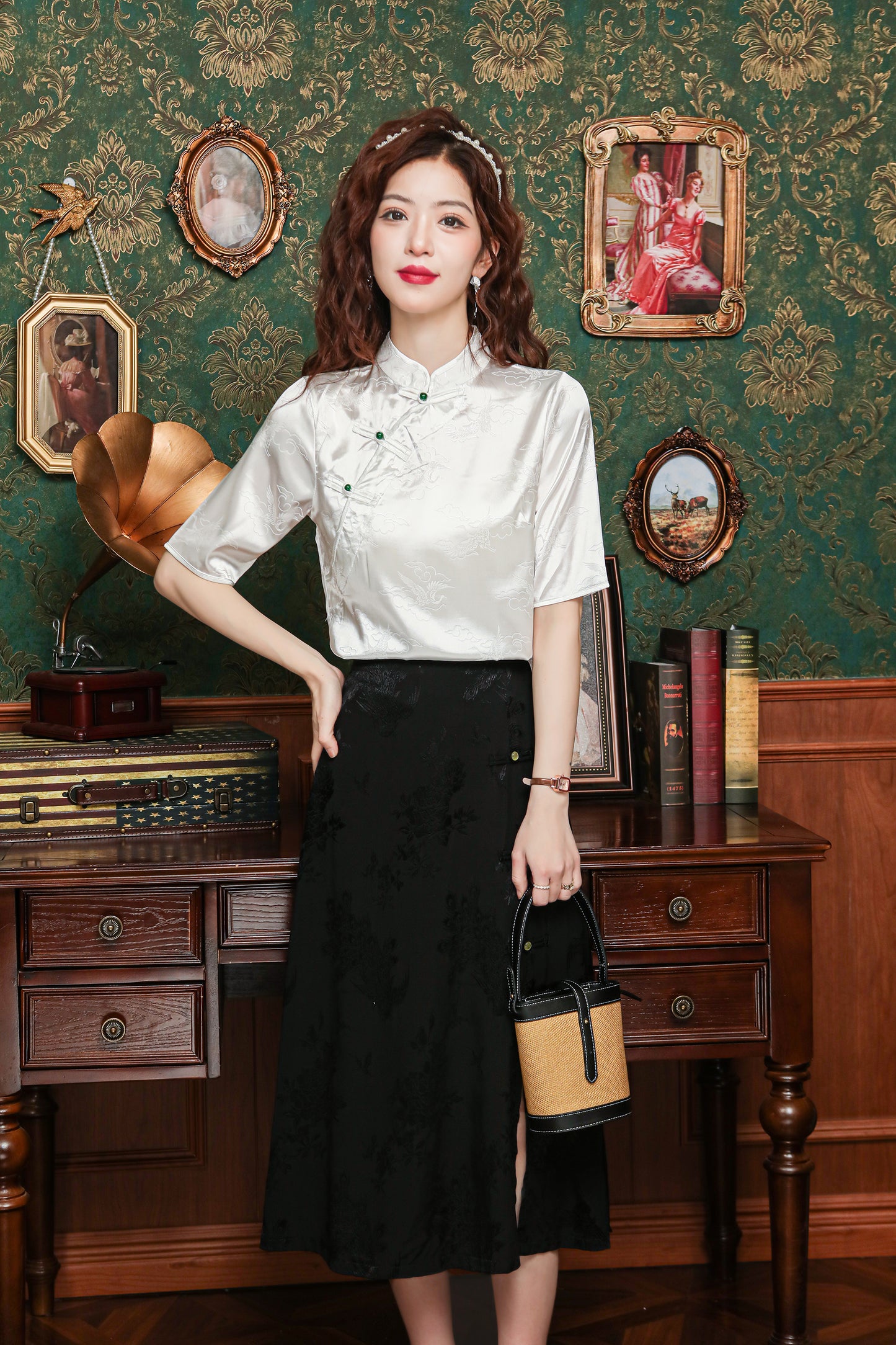 Women's Silk Satin Tops Button Jacquard Blouse