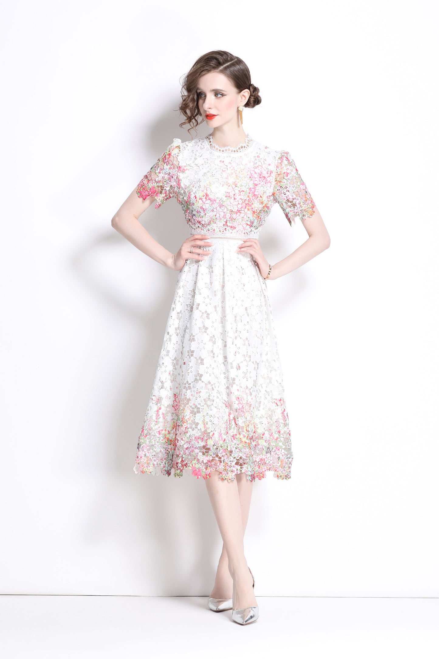 Women's Lace Floral Short Sleeve Crochet Waist Cocktail Midi Dress - LAI MENG FIVE CATS