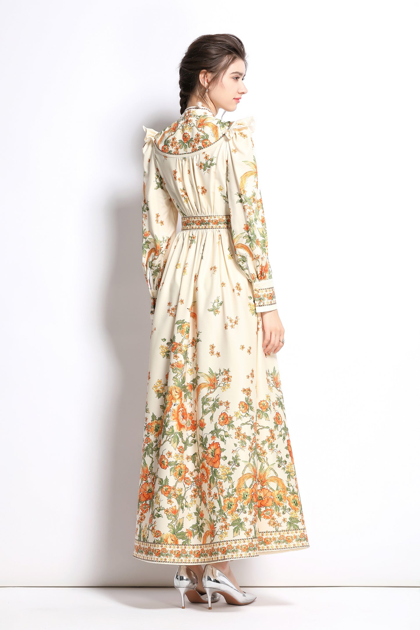 Women's Vintage Floral Print V Neck Button Front Maxi Dress - LAI MENG FIVE CATS