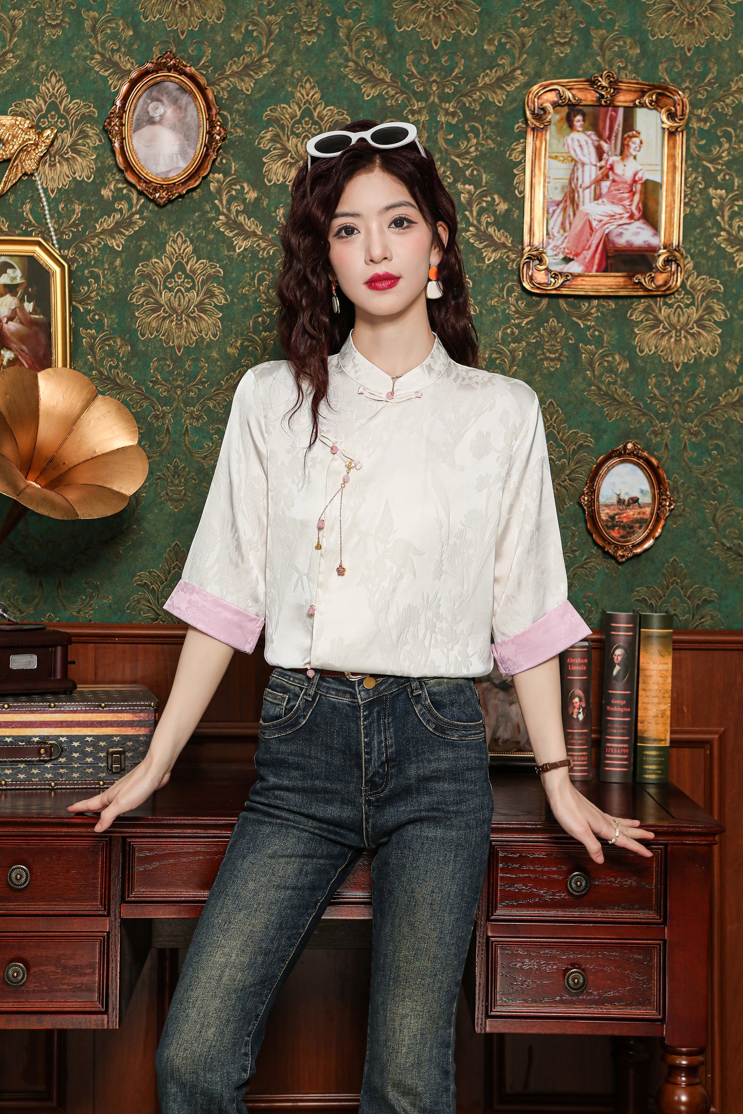 Women's Silk Satin Tops Button Jacquard Blouse