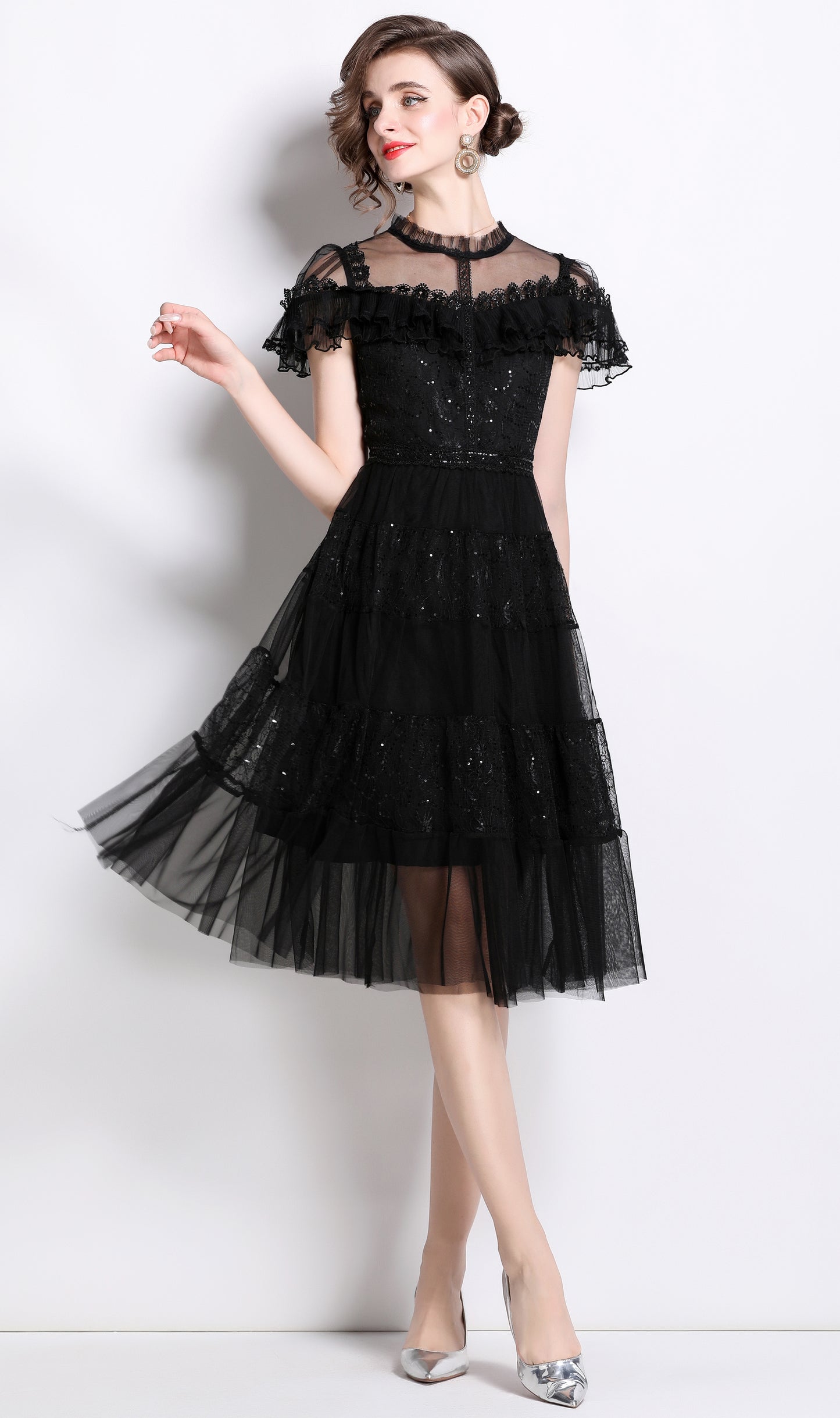 Sequin Lace Ruffle Midi Dress – Black - LAI MENG FIVE CATS