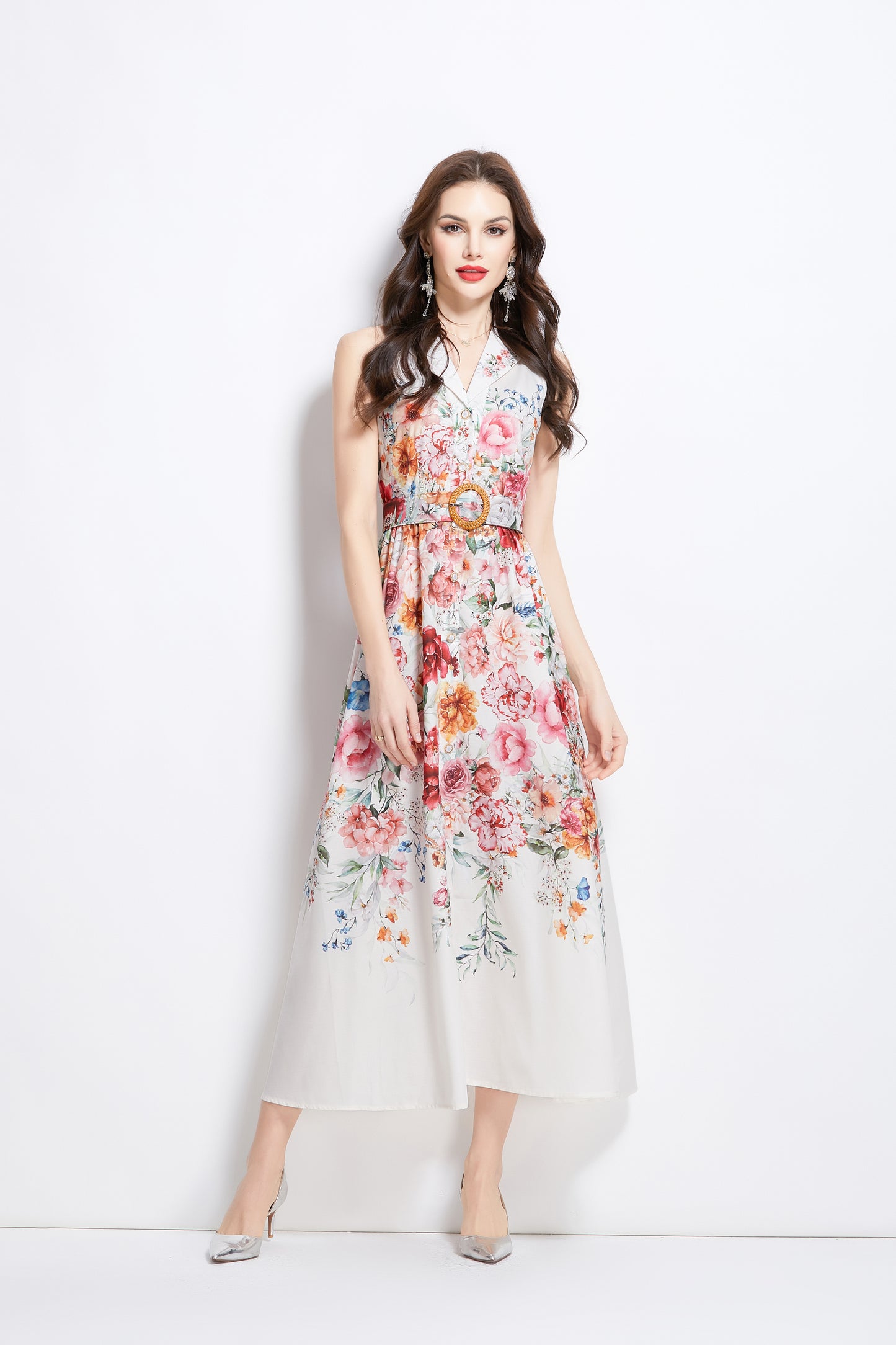 Women's Floral Print Sleeveless V Neck Maxi Dress