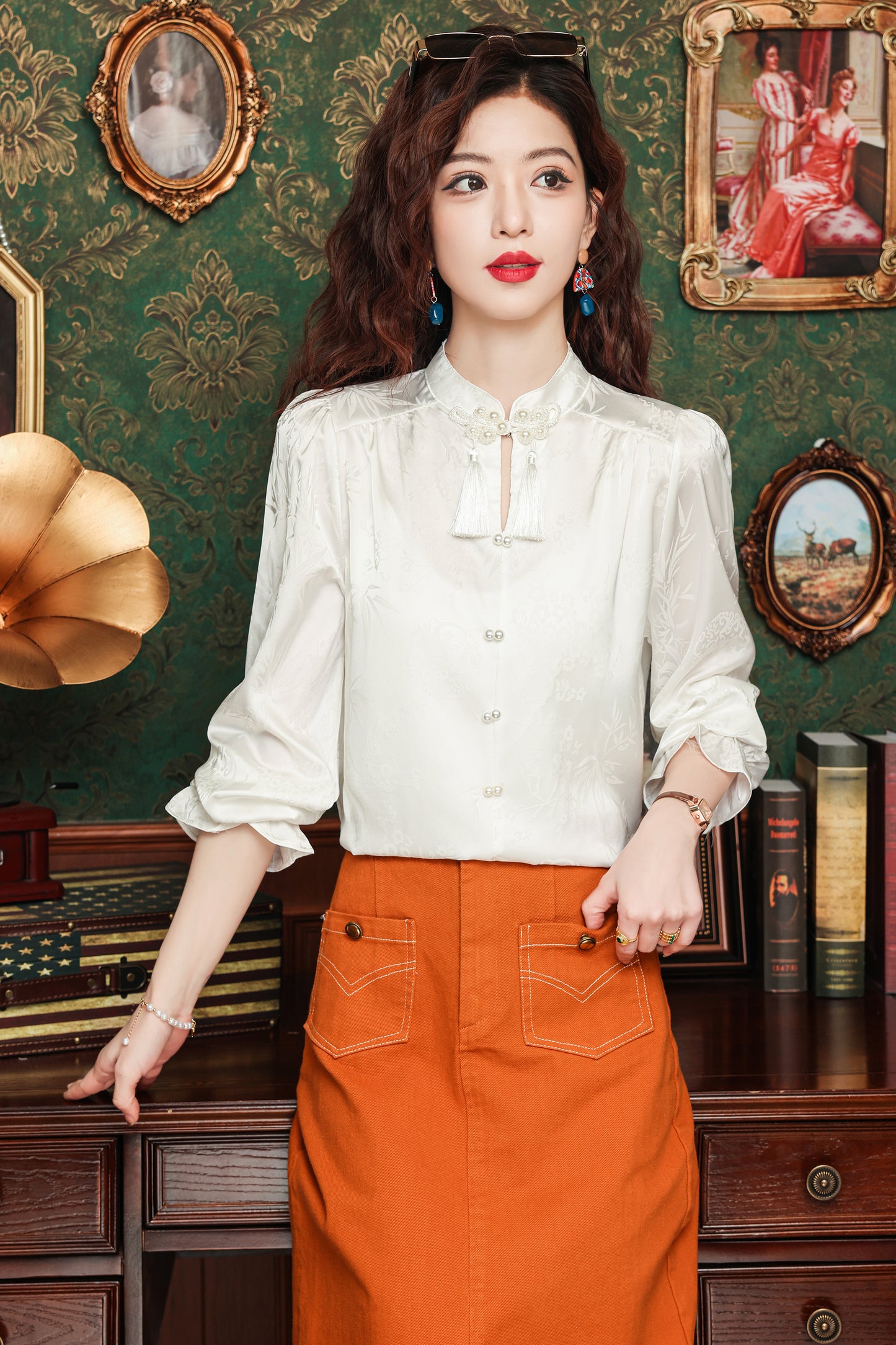 Women's Silk Satin Pearl Jacquard Blouse Top
