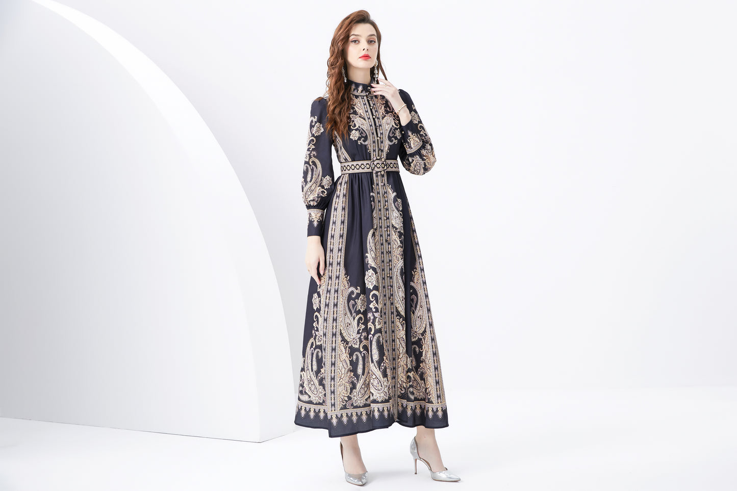 Women Vintage Floral Print Button Up Split Maxi Dress