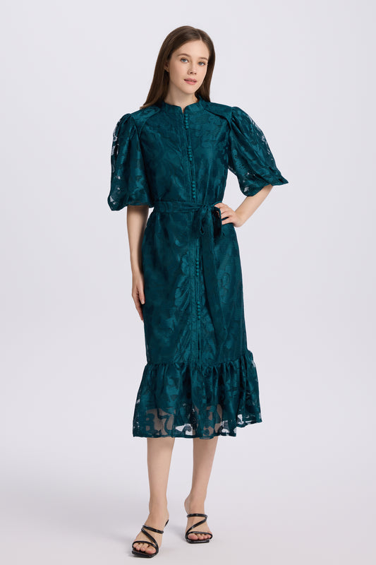 Women's Lace Puff Sleeve Fishtail Midi Dress