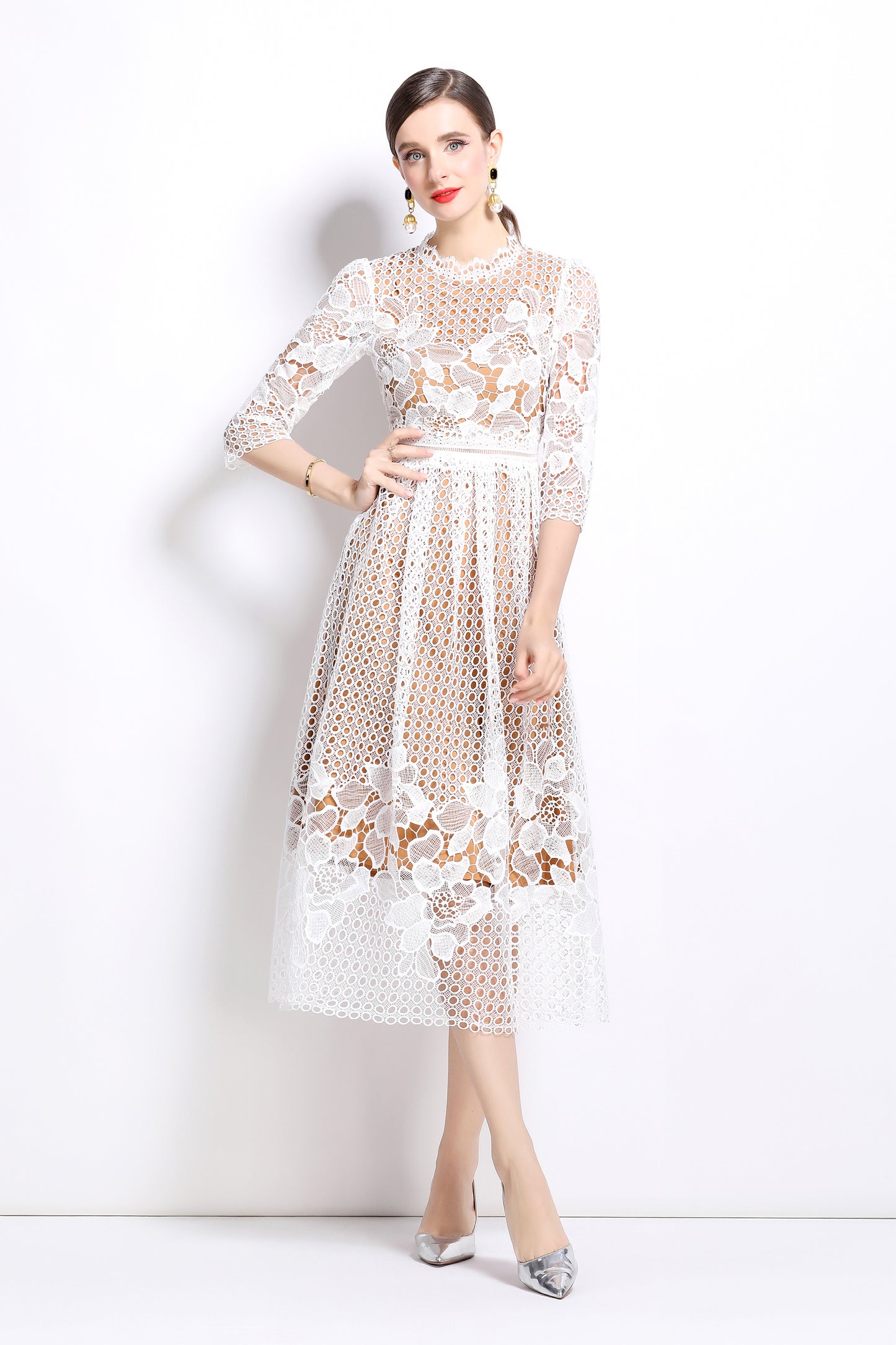 BK-Womens Floral Lace Hollow Crochet Waist Cocktail Dress - LAI MENG FIVE CATS