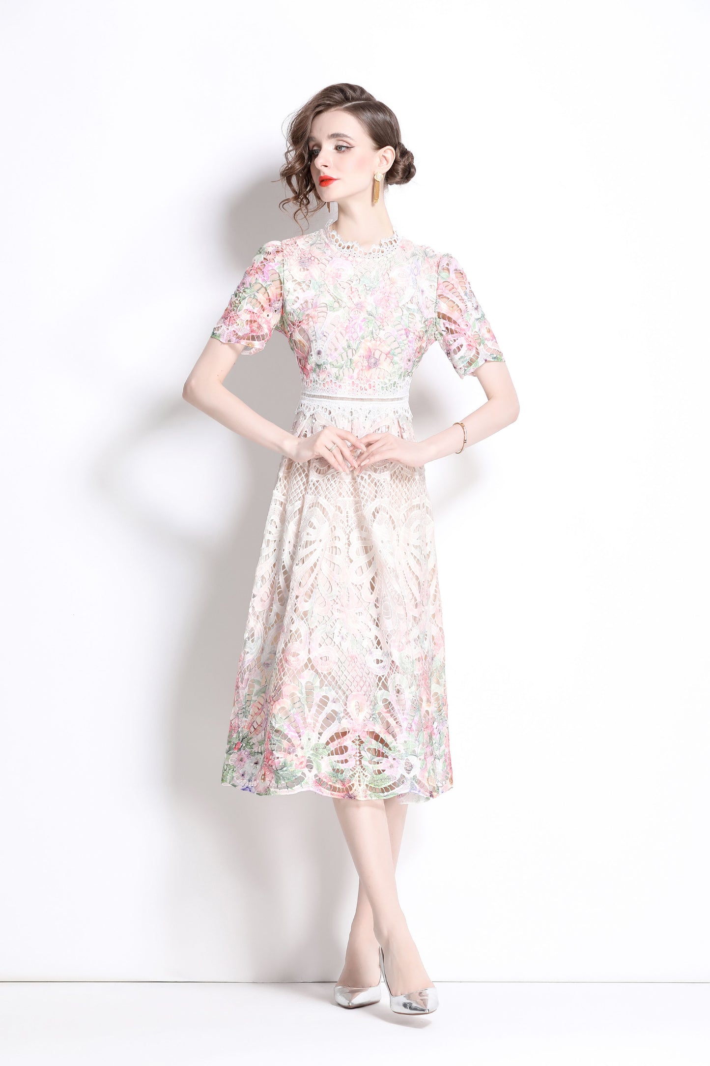 Women's Lace Floral Short Sleeve Crochet Waist Cocktail Midi Dress - LAI MENG FIVE CATS