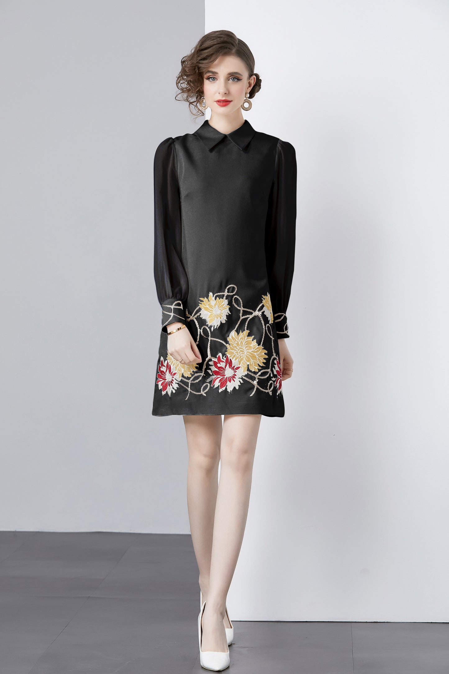 Vintage Women's Elegant Embroidered Hight Neck Mini Dress - LAI MENG FIVE CATS