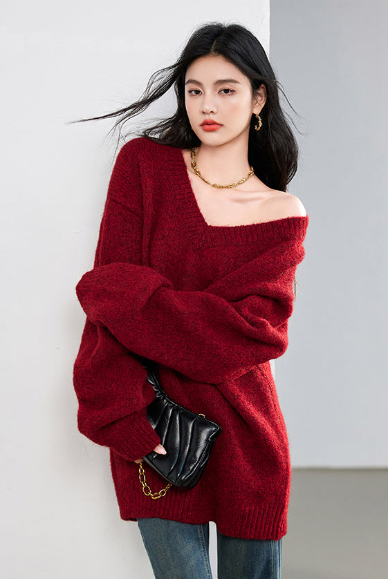 SD-Womens Off The Shoulder Loose Sweater - LAI MENG FIVE CATS
