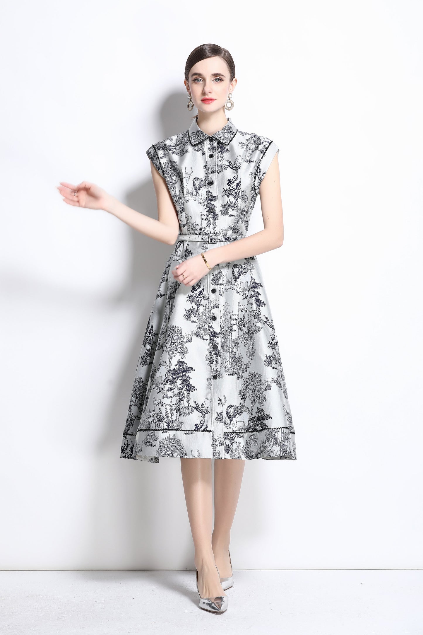 Women's Jacquard Cap Sleeve Button Rockabilly Dress - LAI MENG FIVE CATS