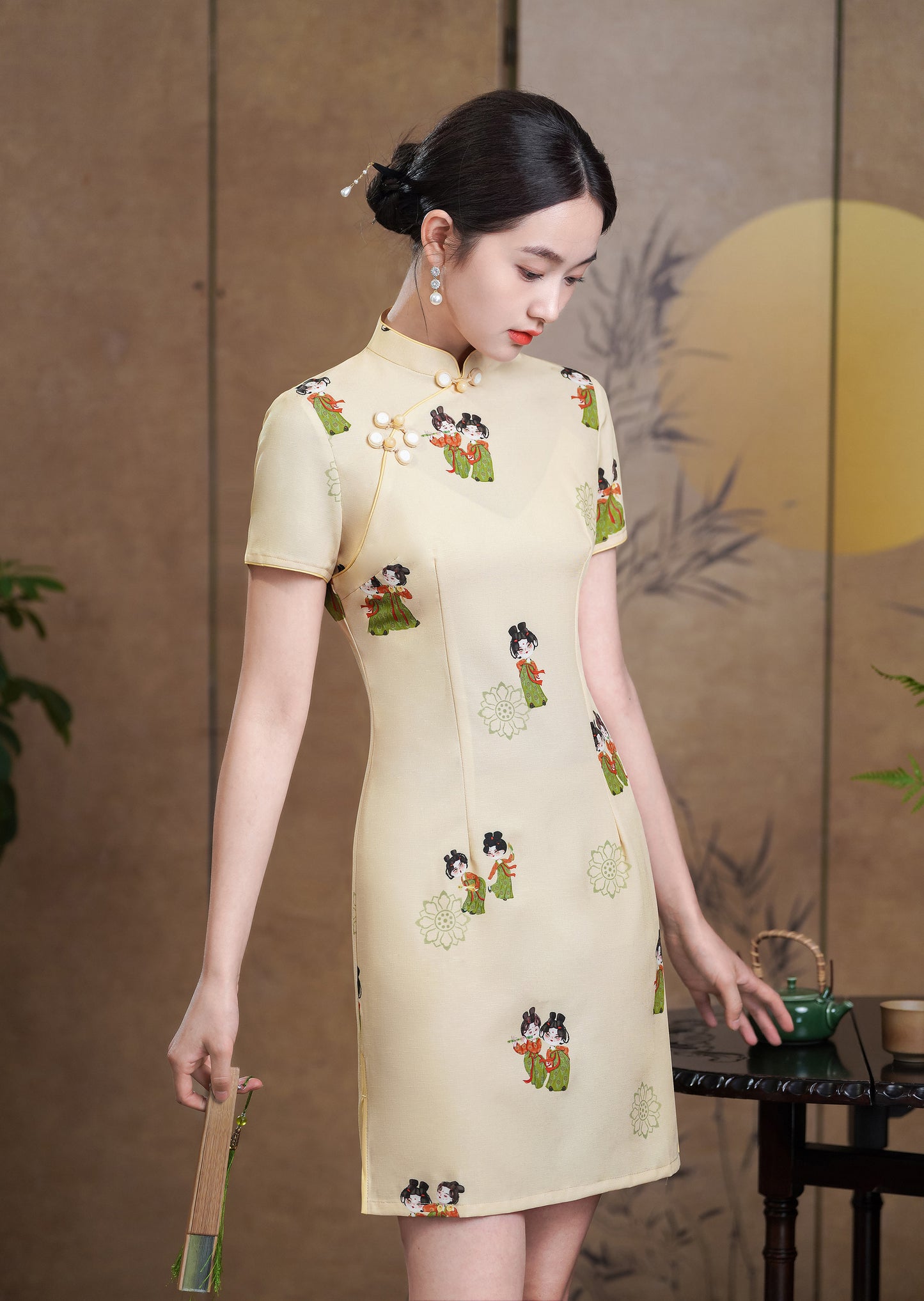 Women's Cheongsam Print Short Sleeve Mini Dress