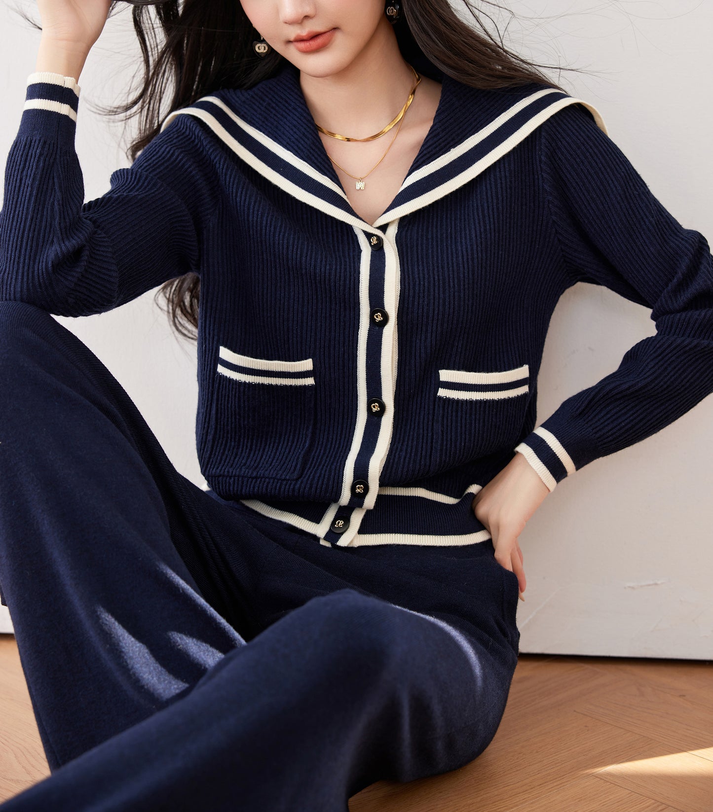Women's Sailor Collar V-Neck Stripe Button Knit Top