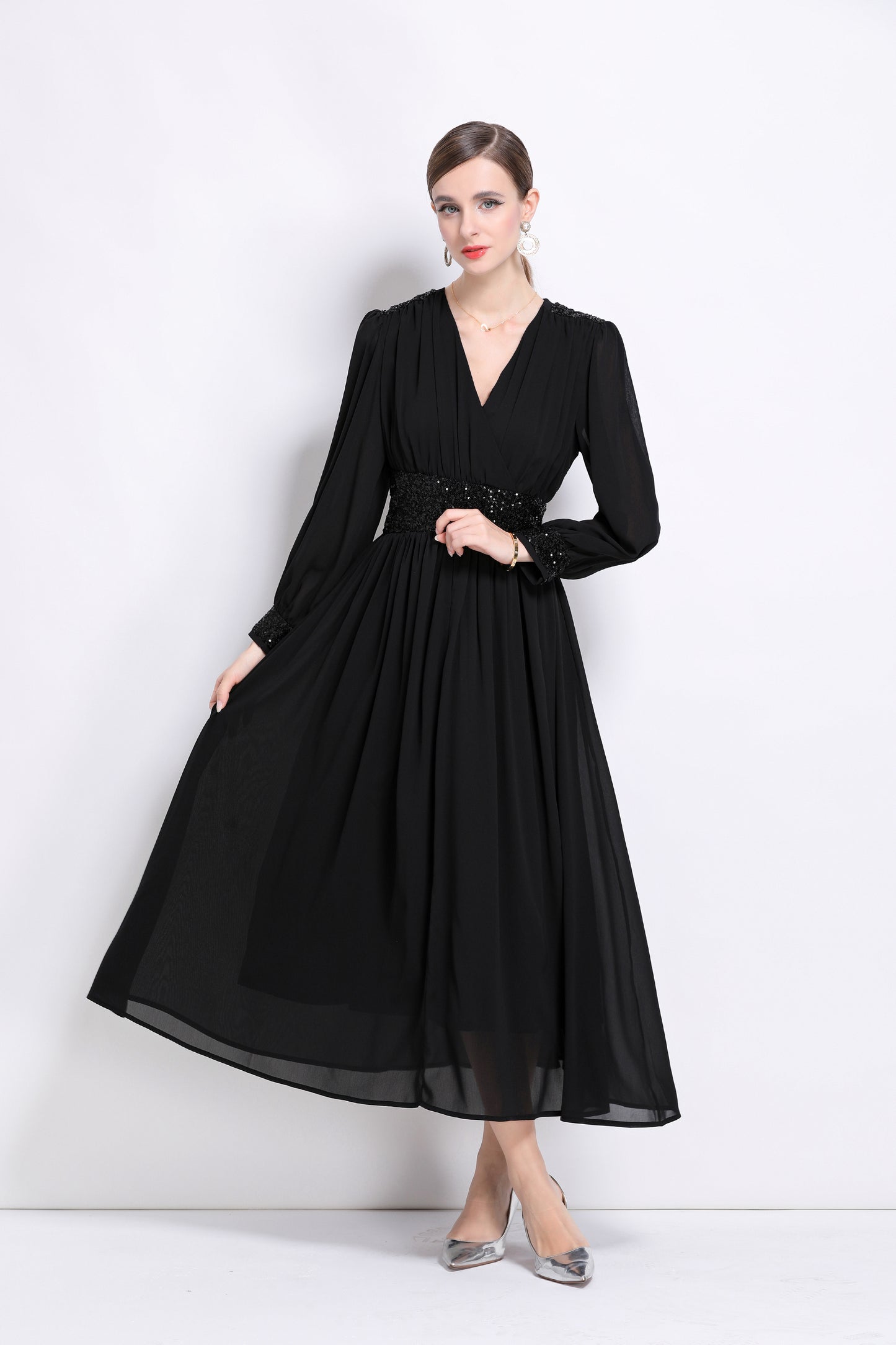 Women's Sequin V-Neck Chiffon Mixi Dresses