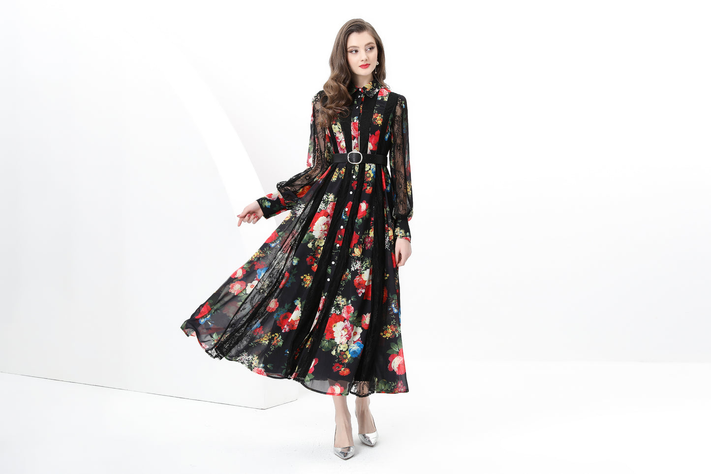 Women's Floral Print Lace Puff Sleeve Maxi Dresses