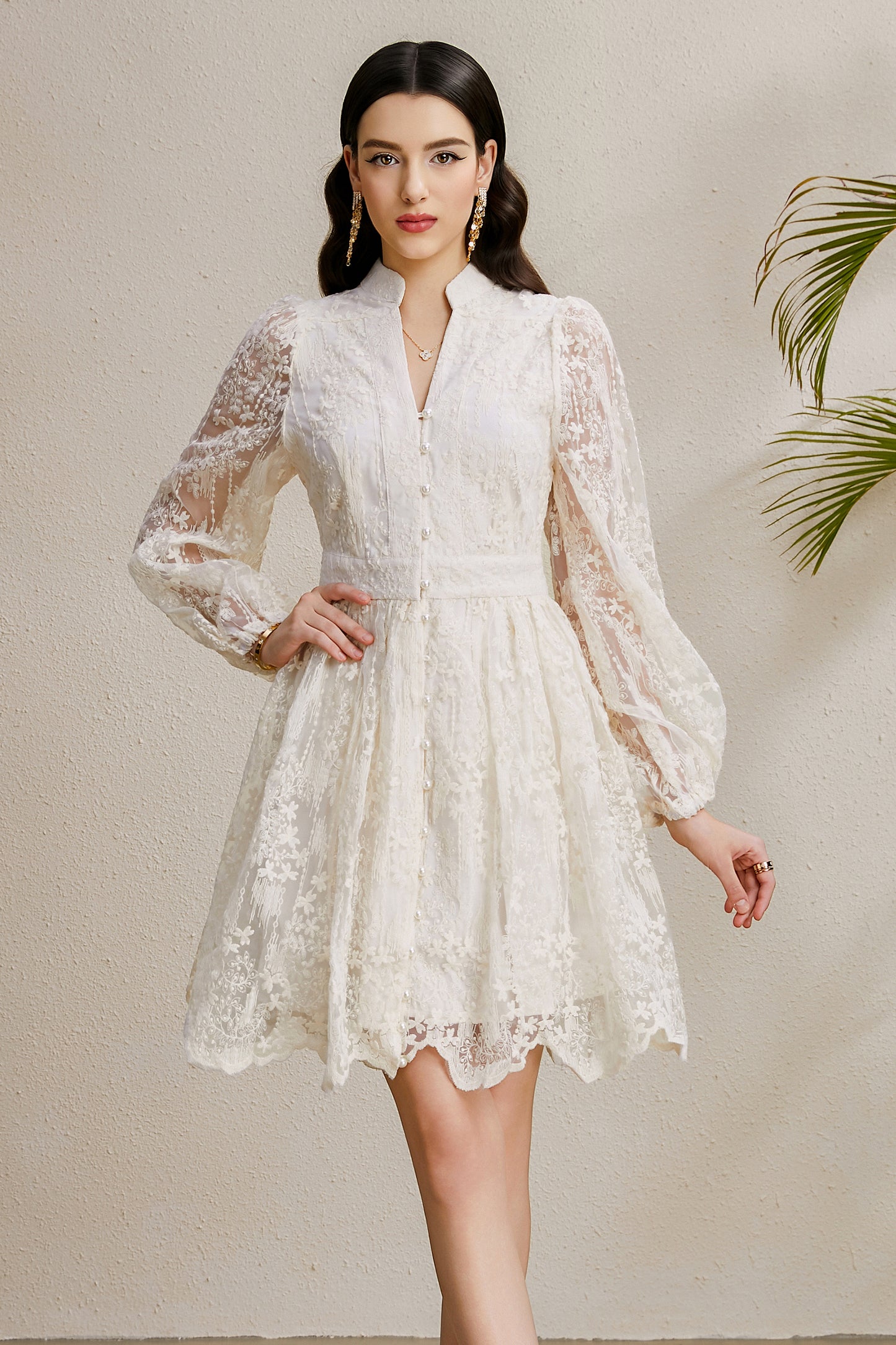 Women's V-Neck Lace Lantern Sleeve Pleated Mini Dress