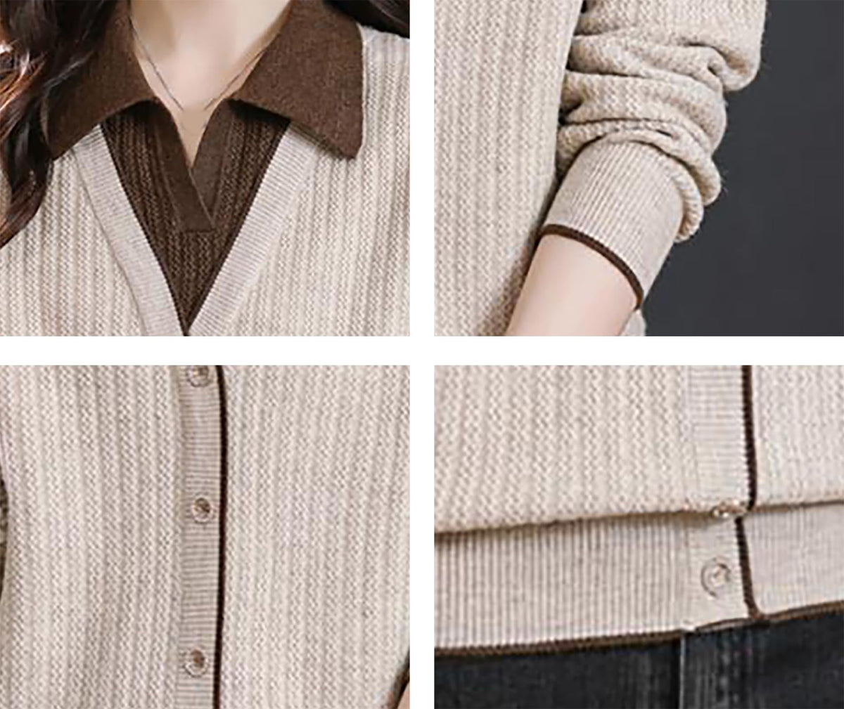 Vintage Ribbed Knit Tops — Contrast Collar & Long Sleeve