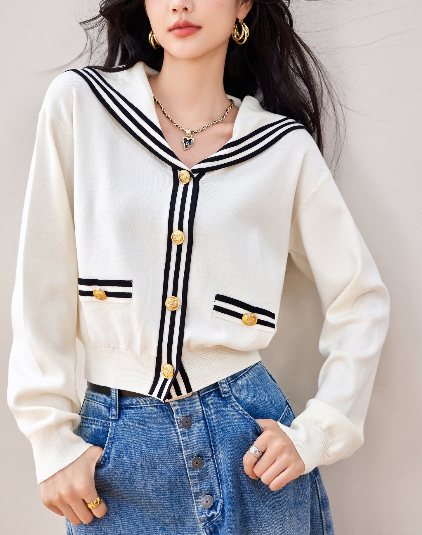 Women's Sailor Collar V-Neck Stripe Button Knit Top