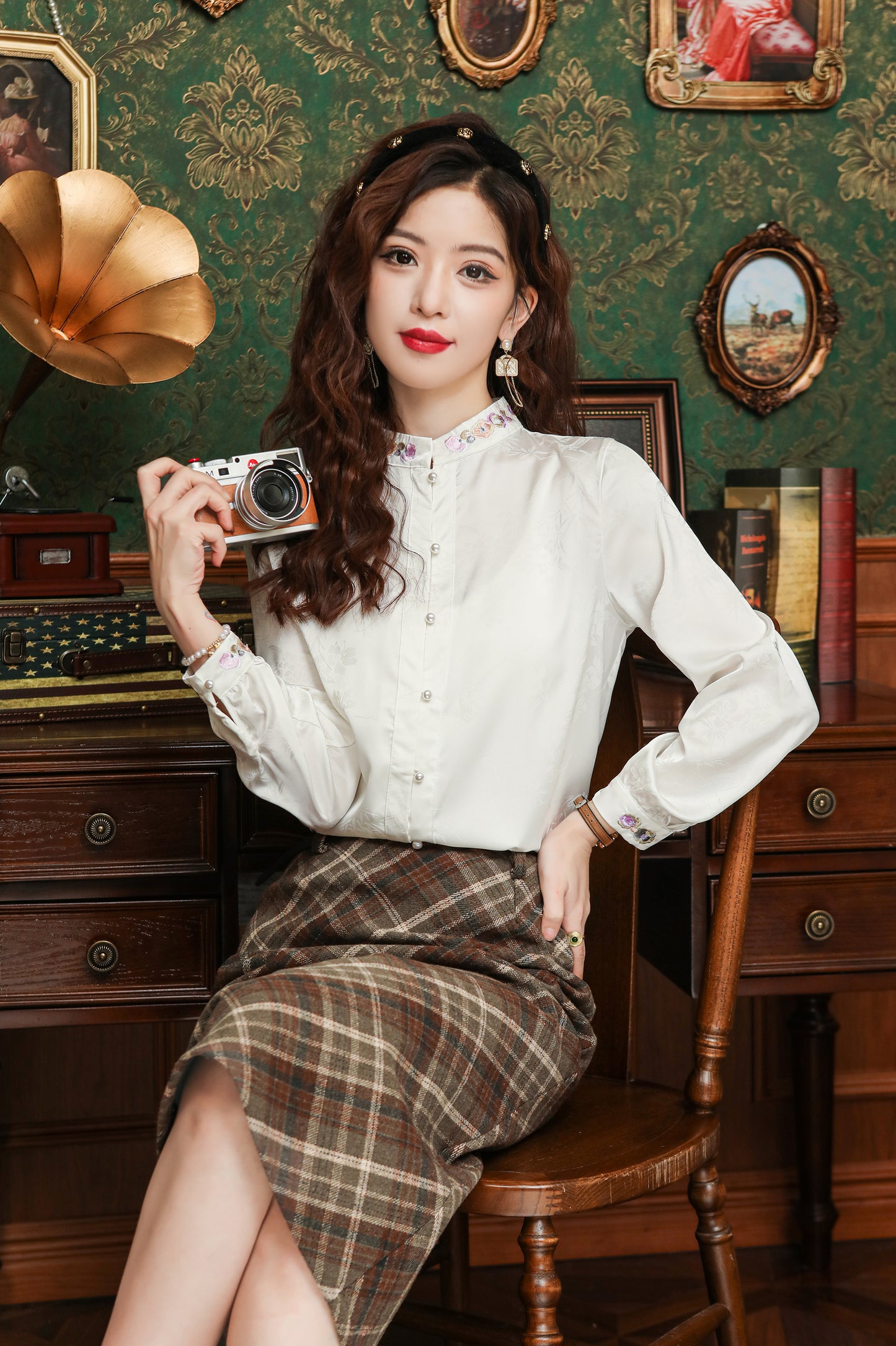 Women's Silk Satin Embroidery Jacquard Blouse Top