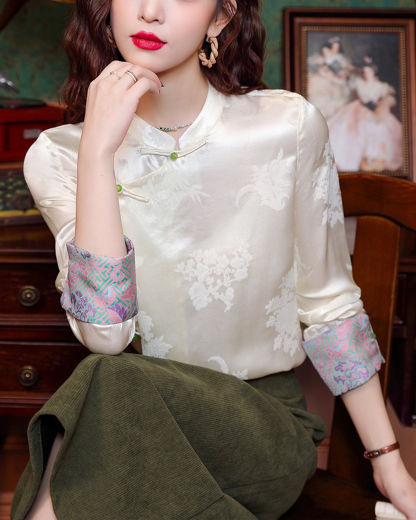 Women's Vintage chinese Silk Satin Top Embroidery Jacquard Blouses - LAI MENG FIVE CATS