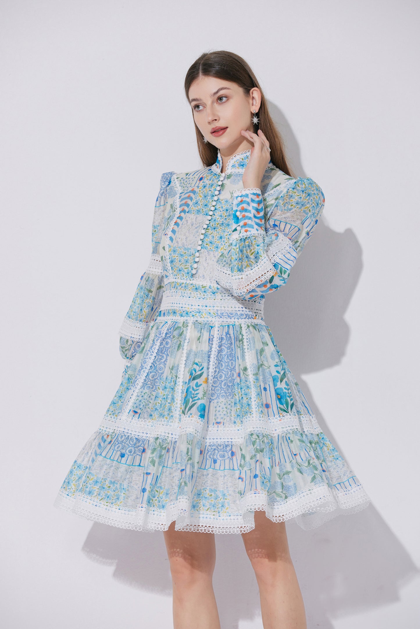 Women's Puff Sleeves Hollow Mesh Mini Dress