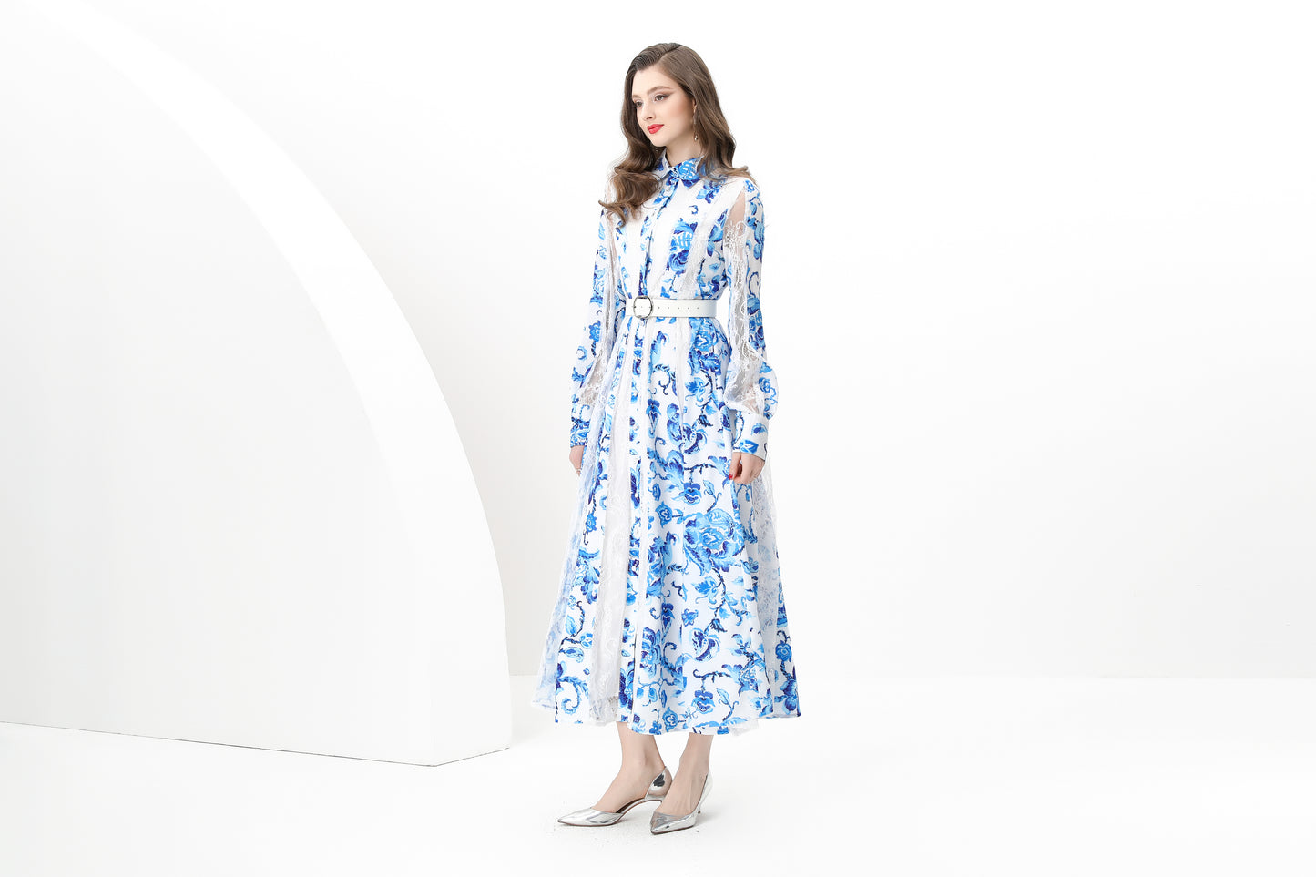 Women's Floral Print Lace Puff Sleeve Maxi Dresses