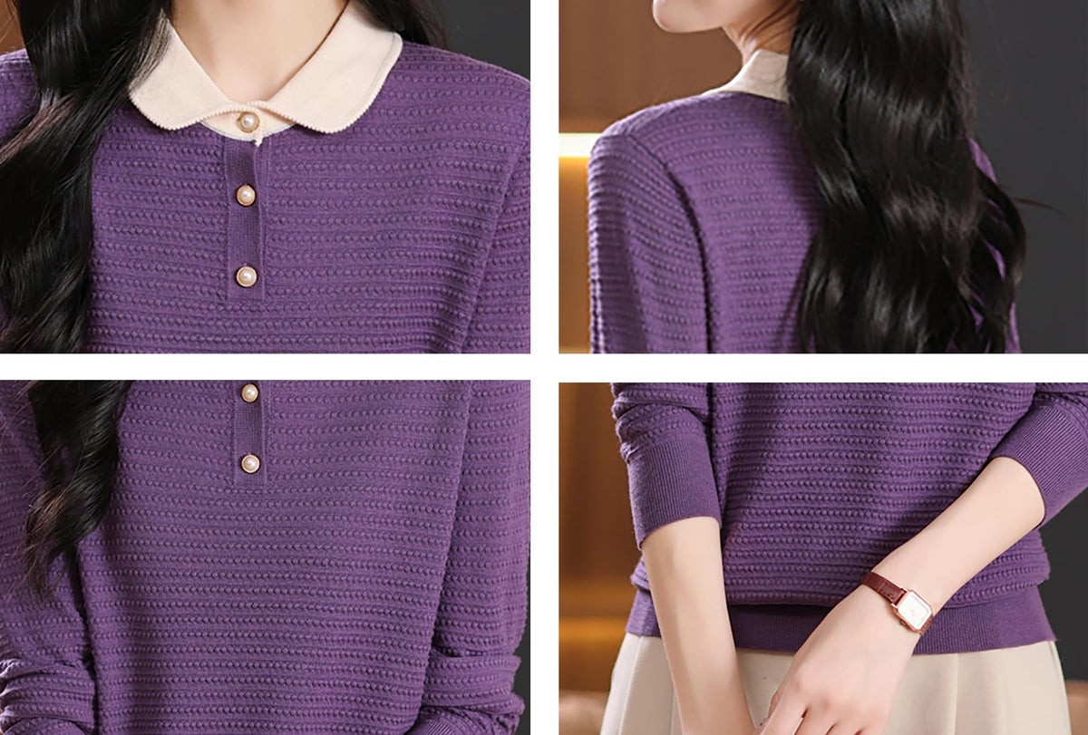 Long-Sleeve Knit Top — Polo Sweater Contrast Collar & Pearl Buttons