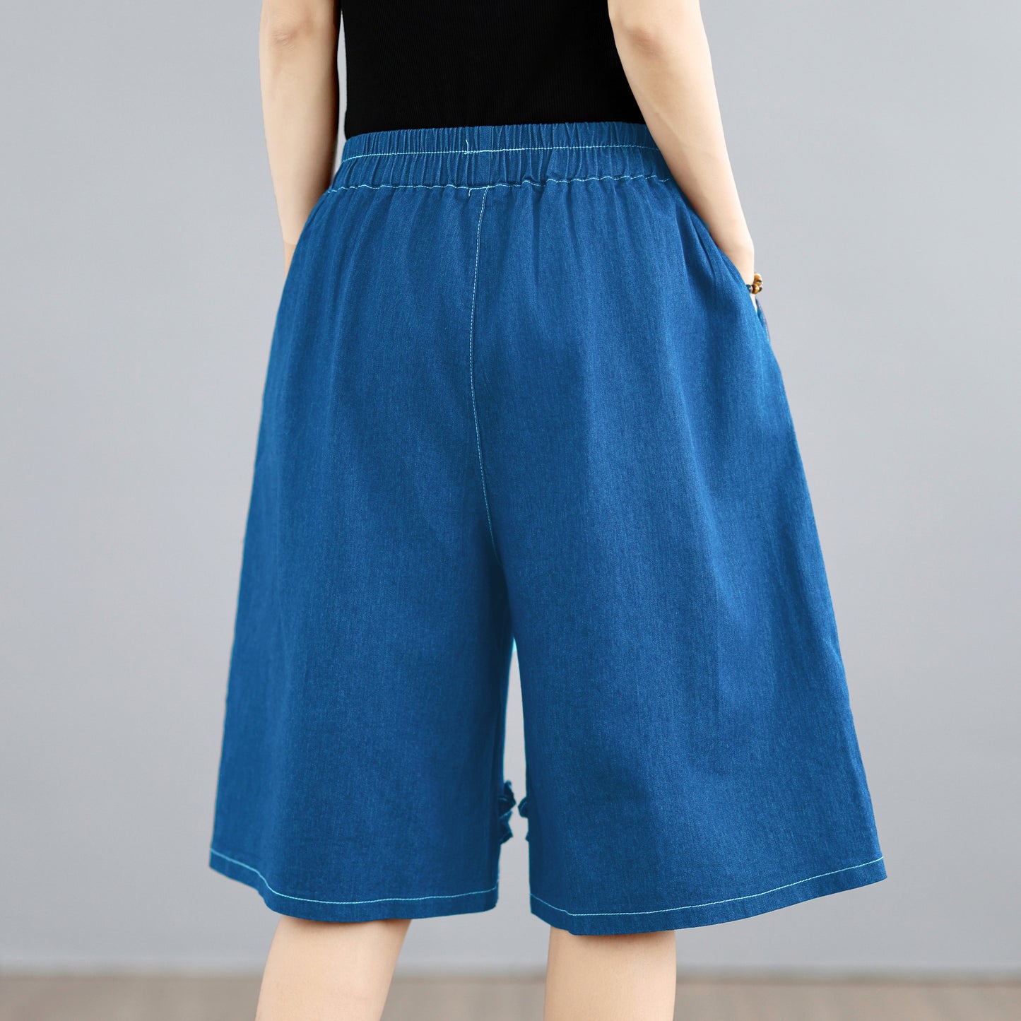Lightweight Denim Culotte Shorts with Braided Hem - LAI MENG FIVE CATS