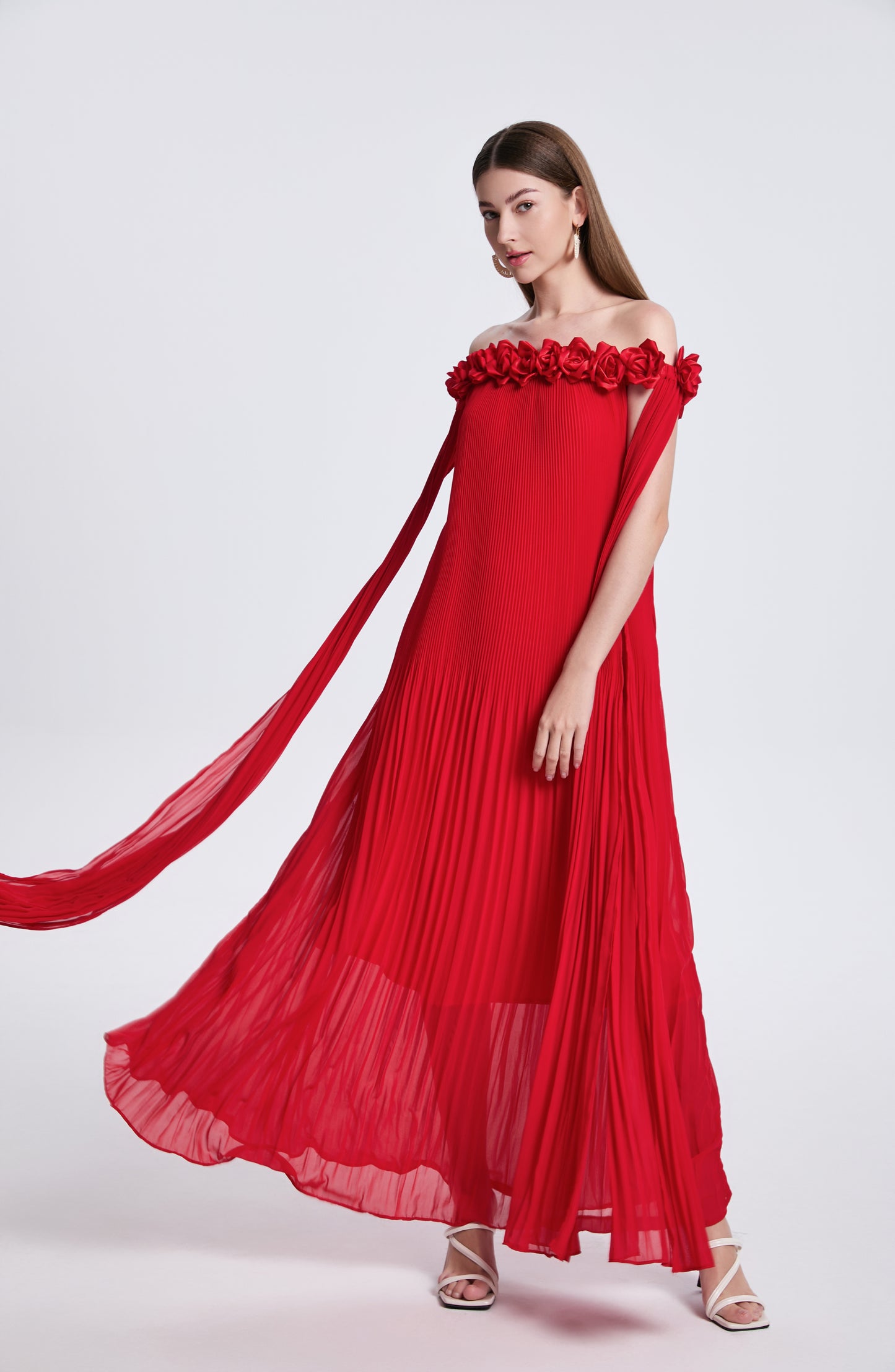 Women's Off Shoulder Chiffon 3D Floral Pleated Maxi Dress