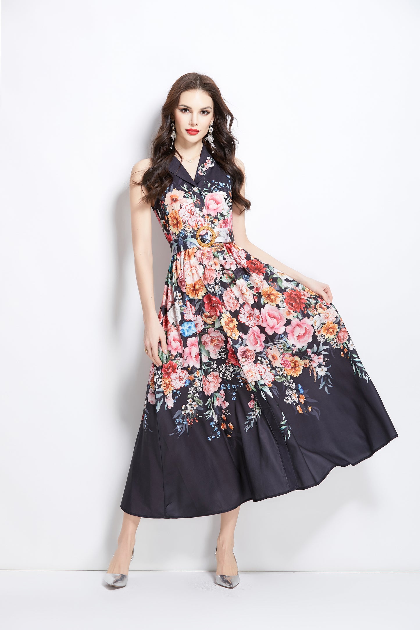 Women's Floral Print Sleeveless V Neck Maxi Dress