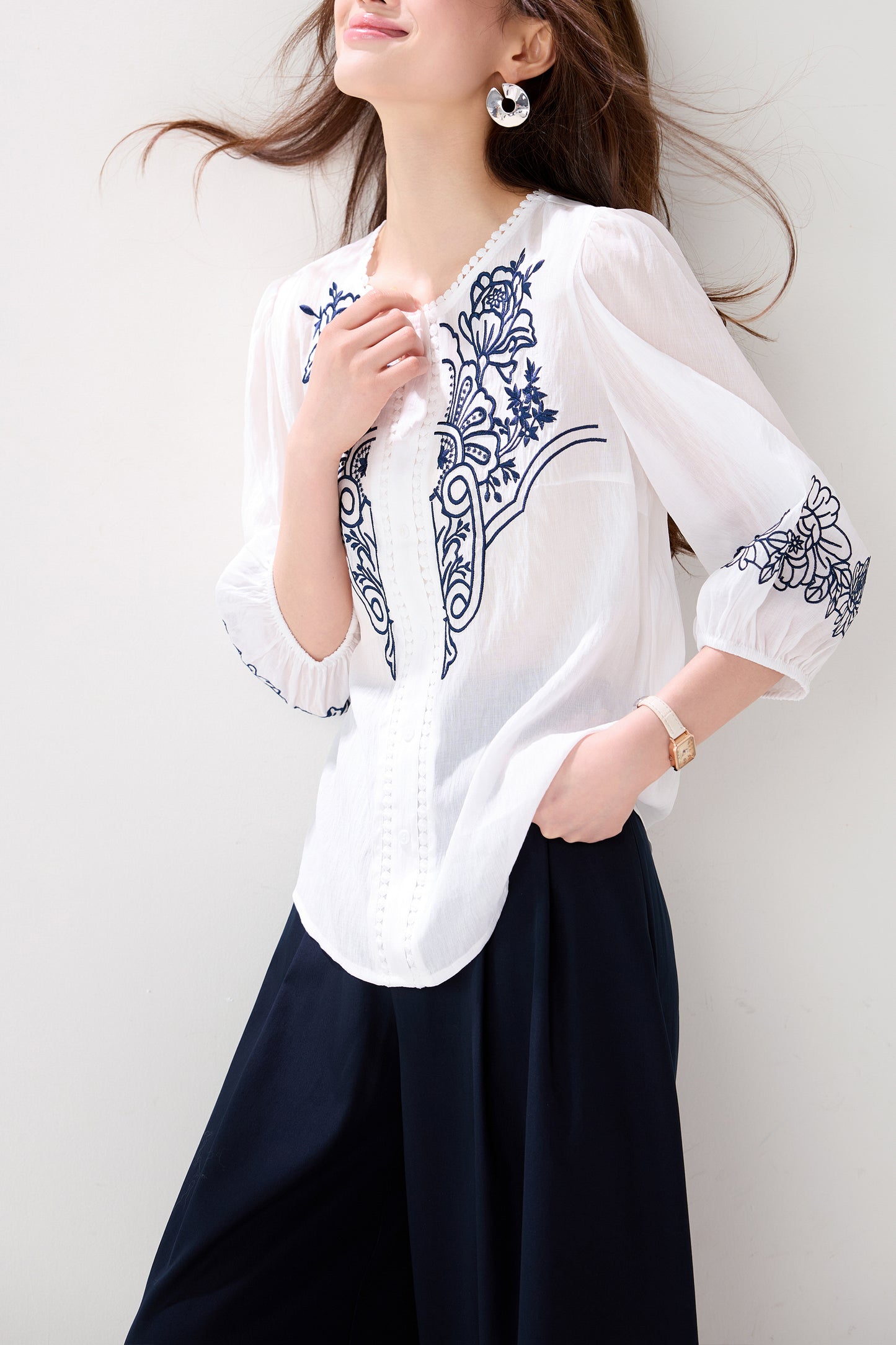 Casual Chic Boho Floral Embroidered 3/4 Sleeve Summer Blouse