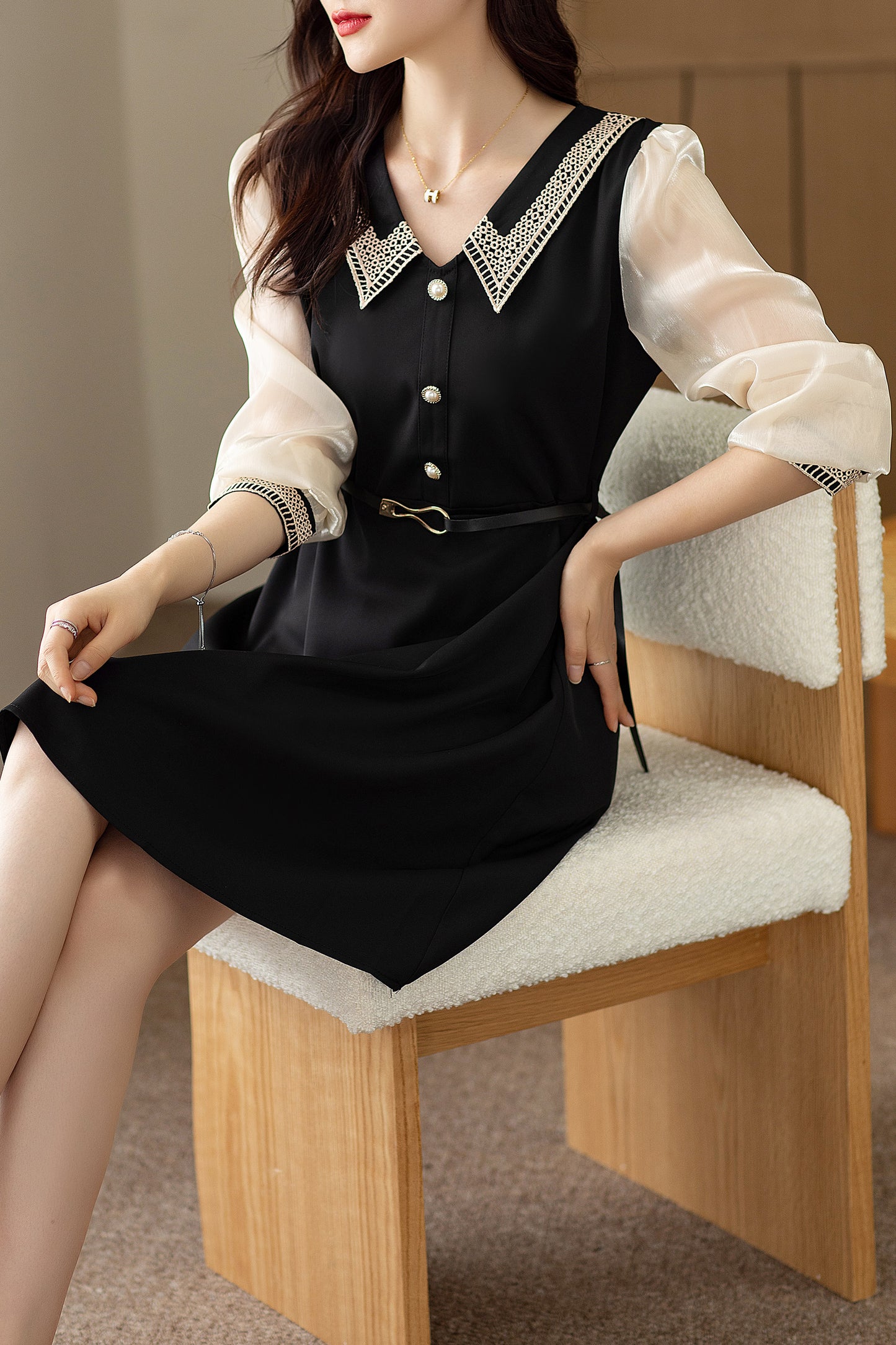 Women's Retro Elegant V-Neck Casual Mini Black Dress - LAI MENG FIVE CATS
