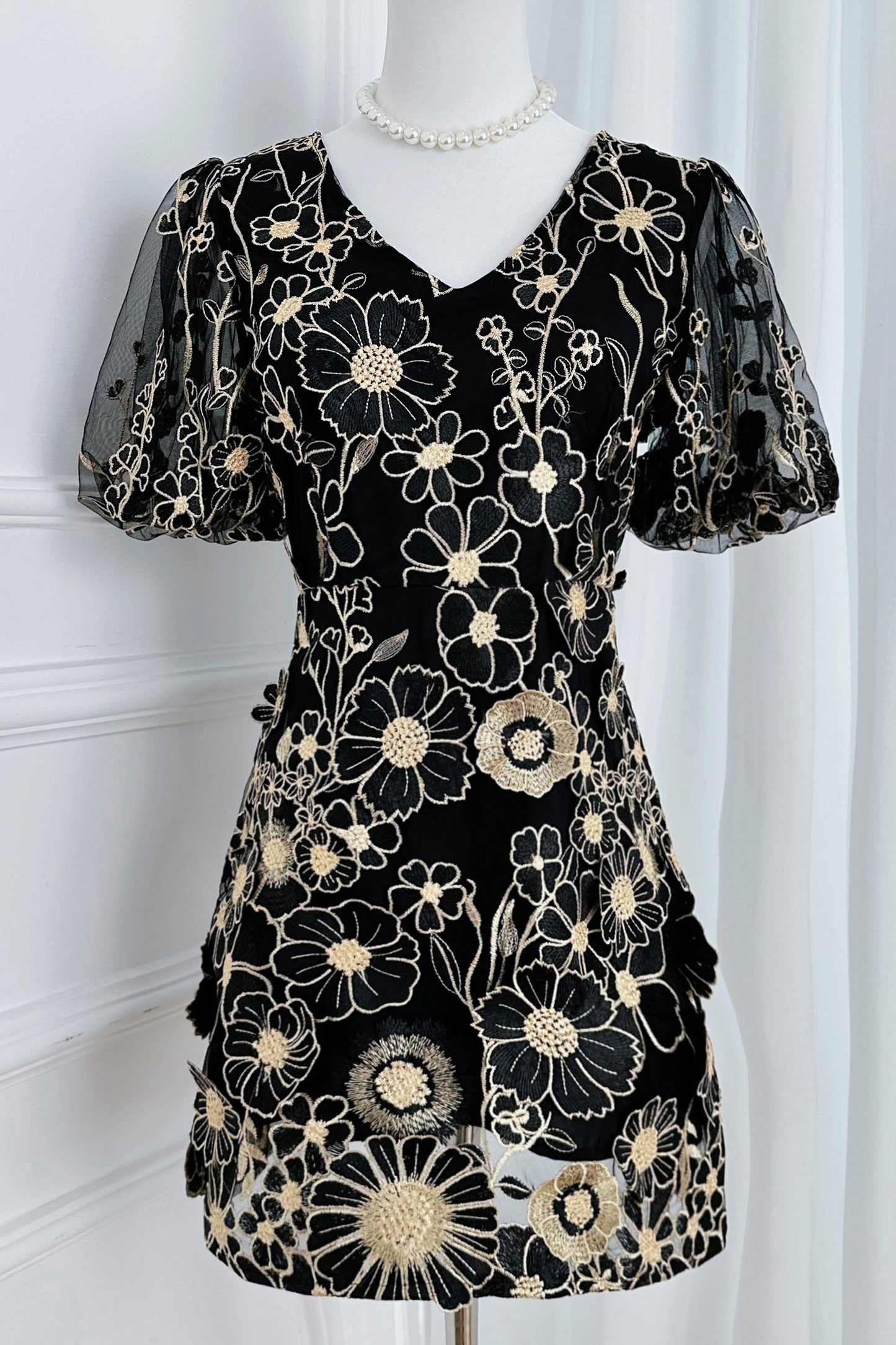 Women's 3D Floral Embroidery Tulle Lace Mesh Mini Dress
