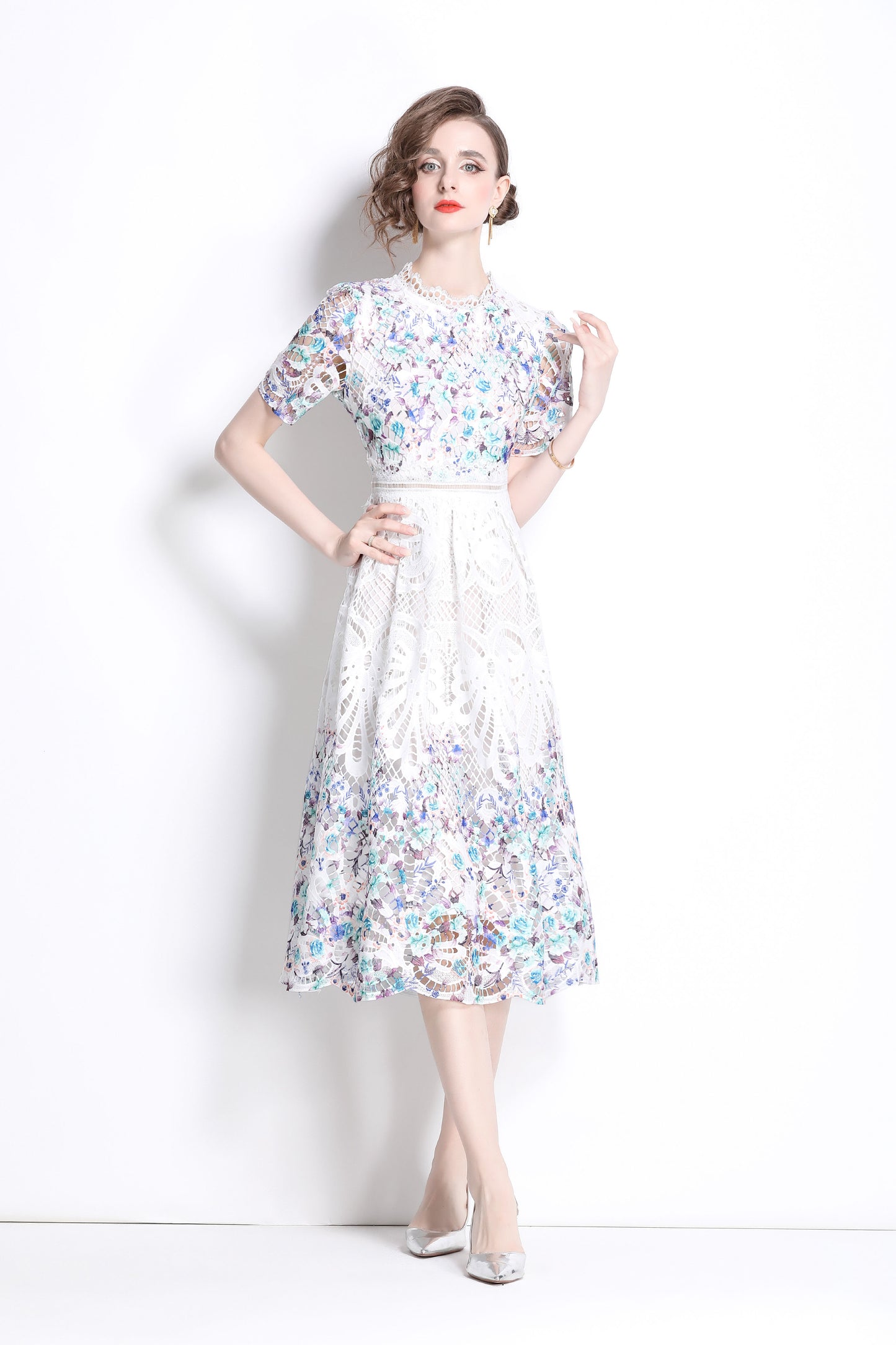 Women's Lace Floral Short Sleeve Crochet Waist Cocktail Midi Dress - LAI MENG FIVE CATS