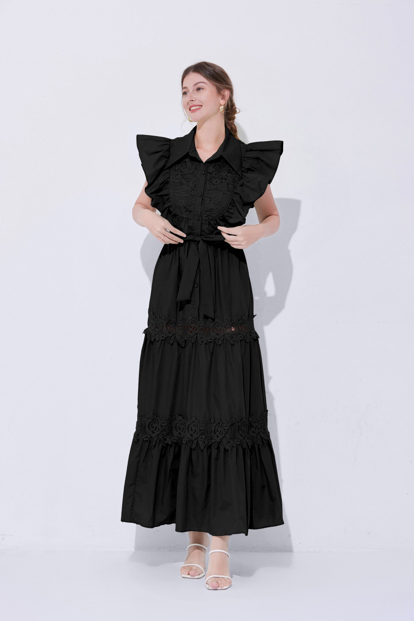 Women's Sleeveless Ruffles Lace Button  Mixi Dress