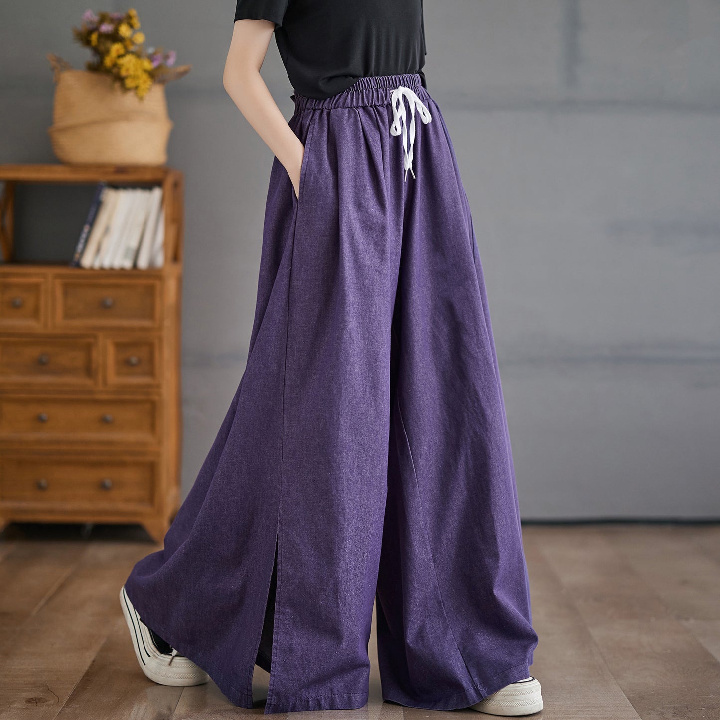 Women's Waisted Drawstring Side Slit Wide Leg Pants