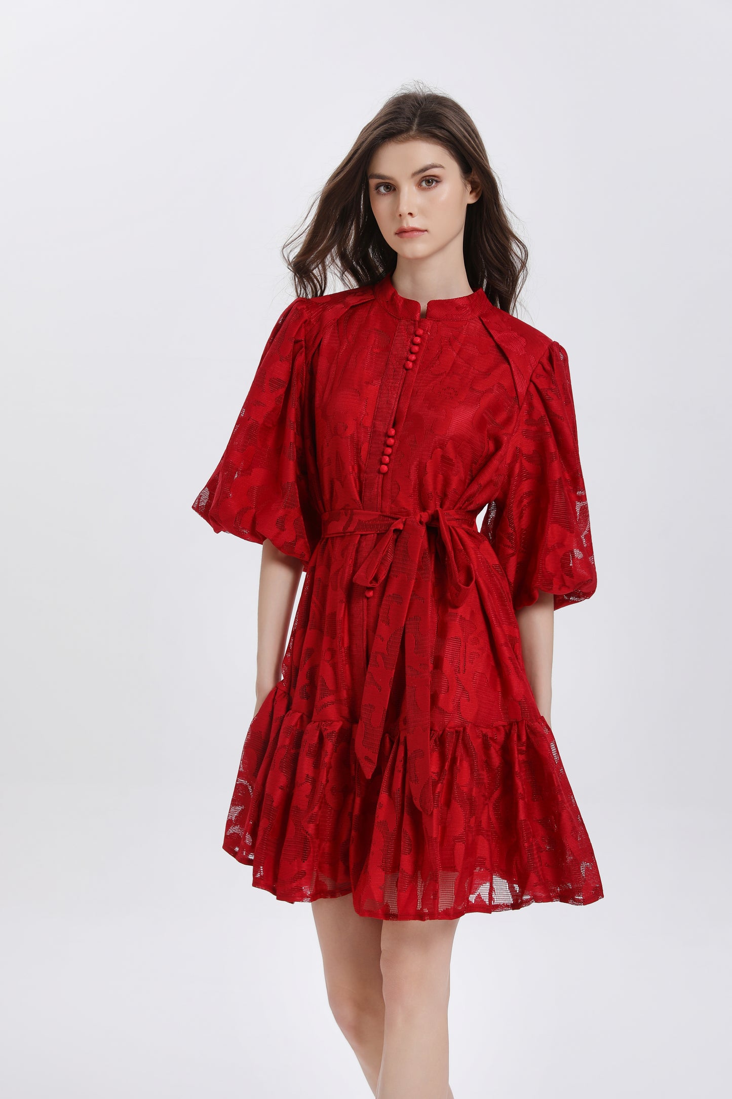 Women's Lace Puff Sleeve Ruffle Loose Mini Dress