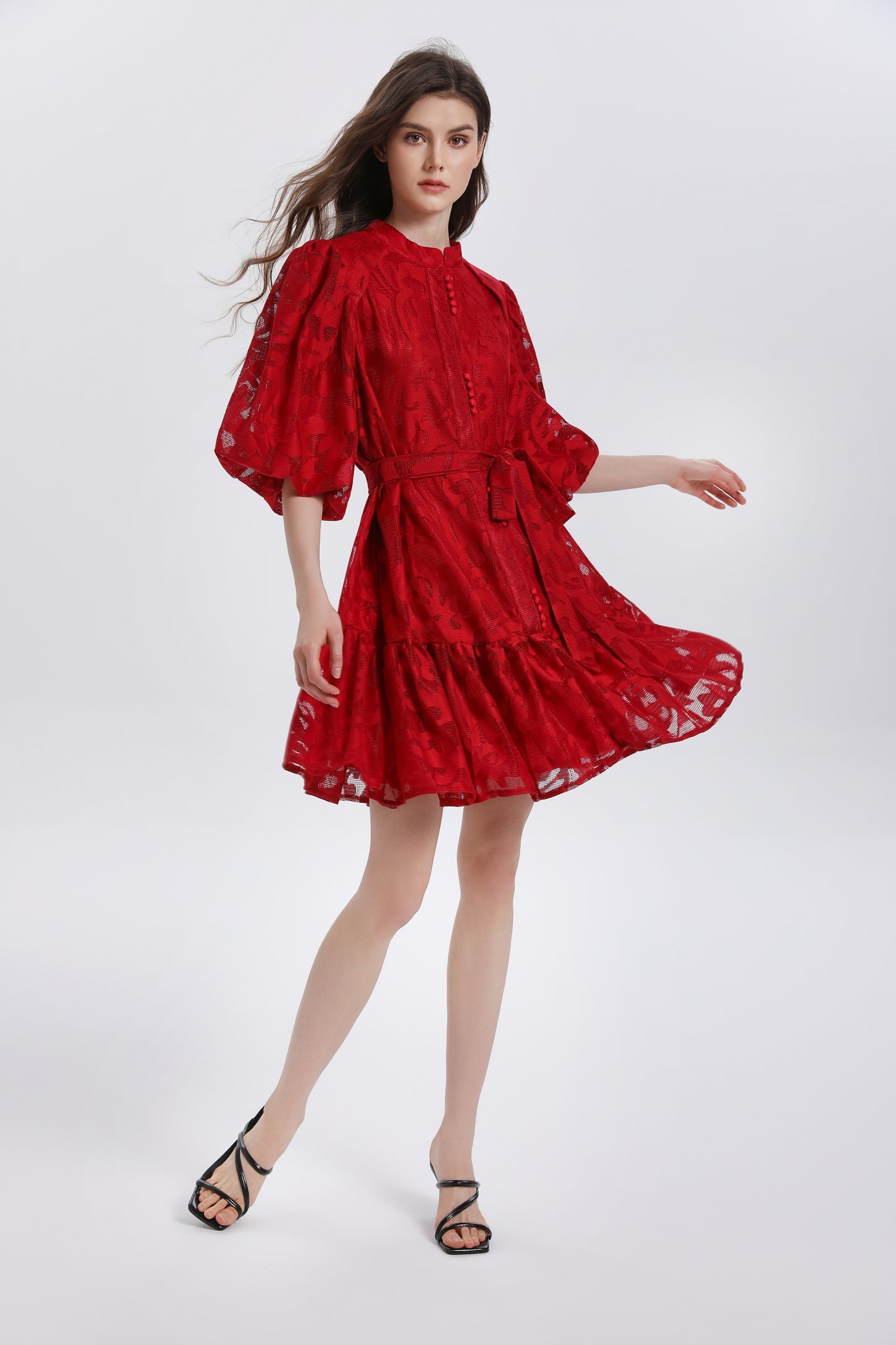 Women's Lace Puff Sleeve Ruffle Loose Mini Dress