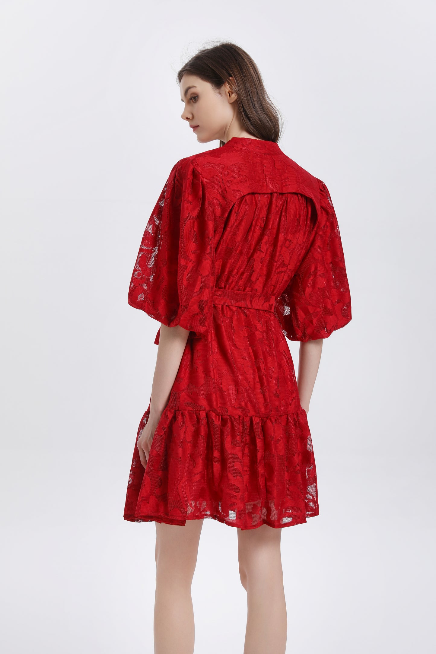 Women's Lace Puff Sleeve Ruffle Loose Mini Dress